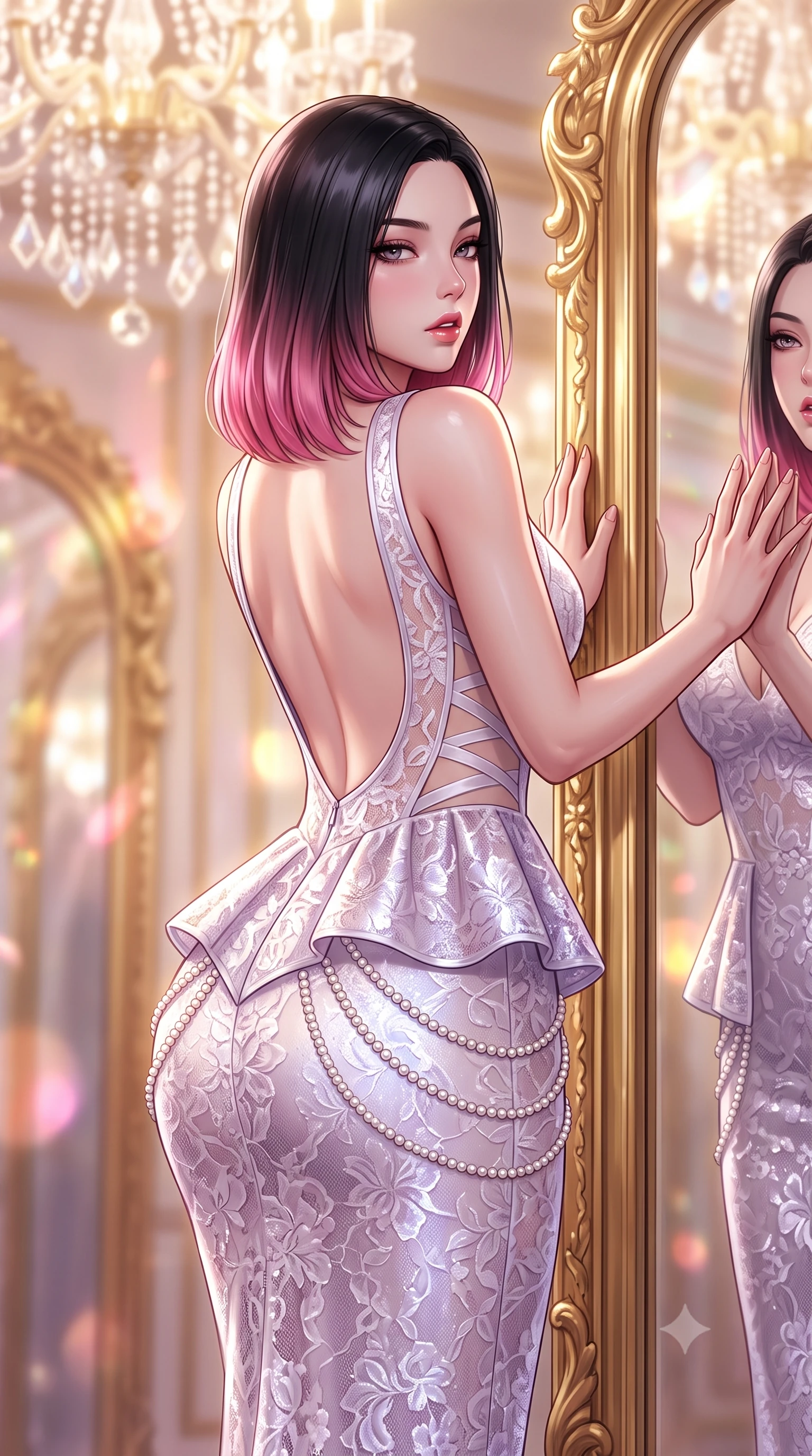 score_9, masterpiece, best quality, ultra-detailed, high-budget anime keyframe, semi-realistic 3D game render, editorial fashion photography, tasteful artistic composition, Korean woman. close-up cowboy shot from the waist and thighs up, the character dominates the composition, filling the frame with her large presence. twisting her slender torso in a deep contrapposto stance, hips dramatically shifted to accentuate her feminine curves while looking past her shoulder with smoldering bedroom-eyes while resting both hands against a colossal gilded mirror panel with lower back arched, glancing over her shoulder at her own reflection with parted glossy lips. The composition keeps background elements in soft focus with creamy bokeh. infinite crystal chandelier prisms and gilded mirror arches blurred into radiant diamond, pastel rose, and gold-leaf bokeh. She has an exceptionally elegant, slender, and willowy female figure with an ultra-slim waist, a gracefully sculpted slender torso, toned flat midriff, and rounded feminine hips creating an alluring hourglass silhouette. sharp v-shaped jawline, high-bridge nose, intricate jewel-like eyes with depth, thick eyelashes, glossy parted lips with a natural sheen, intensely captivating and seductive bedroom-eyes expression, flawlessly proportioned anatomical accuracy, strict slender model proportions, natural body alignment, perfectly sculpted long slender limbs, ultra-slim waistline, clean dynamic posture without body distortion. wearing a structural geometric peplum gown with sheer side-ribbon cutouts and form-fitting skirt in pearlescent opal with soft violet luster, formed from shimmering floral French lace over smooth opaque silk lining, accented with a multi-tiered pearl hip chain cascading over her curved silhouette, the dramatically scooped open back descending to the base of her spine, accentuating her razor-sharp statuesque lines and curvy hourglass silhouette. bathed in radiant golden chandelier illumination and multi-directional mirror reflections. highly saturated vibrant anime colors, detailed shading with soft gradients, rich glossy textures, high-contrast stereoscopic depth, volumetric dynamic lighting, master piece, 9:16 ratio