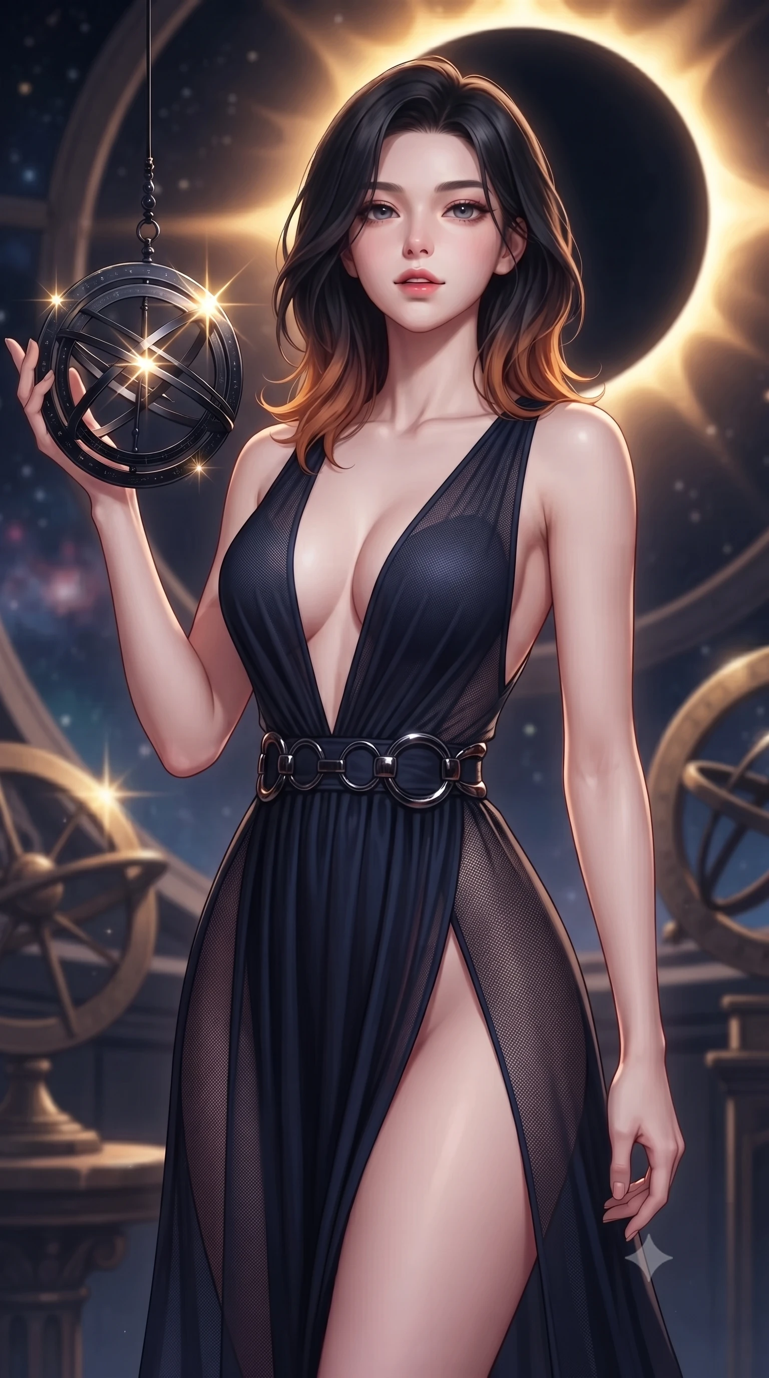 score_9, masterpiece, best quality, ultra-detailed, high-budget anime keyframe, editorial fashion photography, tasteful artistic composition, Korean woman. close-up cowboy shot from the waist and thighs up, the character dominates the composition, filling the frame with her large presence, background elements kept in soft focus. Tilting her chin up slightly with lips parted in a composed, mysterious expression, threading dark gold eclipse light through a suspended black astrolabe, starlight reflections glinting sharply off dark metallic armillary rings. She has an exceptionally elegant, slender, and willowy female figure with an ultra-slim waist, a gracefully sculpted slender torso, and a refined silhouette. sharp v-shaped jawline, high-bridge nose, intricate jewel-like eyes with depth, thick eyelashes, glossy lips with a natural sheen. wearing deep plunging V-neckline midnight gown with daring high thigh slit in midnight navy blue, made of fine dark contouring mesh, accented with sculpted obsidian chrome rings at the waist, highlighting her statuesque proportions and ultra-slim waistline. illuminated by the radiant golden corona of a black eclipse against total dark space. highly saturated vibrant anime colors, detailed shading with soft gradients, rich glossy textures, high-contrast stereoscopic depth, volumetric dynamic lighting, master piece, 9:16 ratio