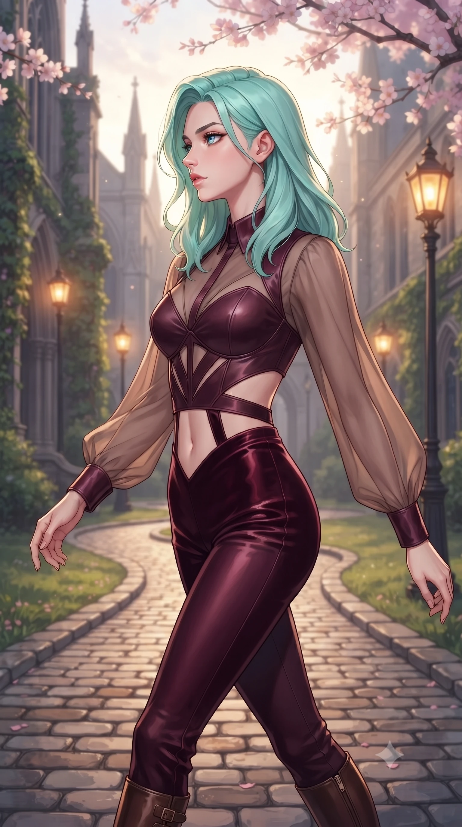 score_9, masterpiece, best quality, ultra-detailed, high-budget anime keyframe, editorial fashion photography, tasteful artistic composition, Japanese woman. close-up cowboy shot from the waist and thighs up, the character dominates the composition, filling the frame with her large presence, background elements kept in soft focus. Turning her face in sharp dramatic profile against the bright light, showcasing her sharp v-shaped jawline stepping along a cobblestone academy path flanked by glowing streetlamps, warm amber glow illuminating the quiet architectural details of the campus. She has an exceptionally elegant, slender, and willowy female figure with an ultra-slim waist, a gracefully sculpted slender torso, and a refined silhouette. sharp v-shaped jawline, high-bridge nose, intricate jewel-like eyes with depth, thick eyelashes, glossy lips with a natural sheen. wearing a tailored leather bustier over a sheer silk chiffon blouse in deep burgundy and bronze, made of premium stretch velvet with a rich sheen, featuring subtle geometric cutouts that highlight her ultra-slim midriff, the sleek second-skin texture accentuating her magnetic presence. illuminated by soft glowing evening sunbeams filtering through sakura branches. highly saturated vibrant anime colors, detailed shading with soft gradients, rich glossy textures, high-contrast stereoscopic depth, volumetric dynamic lighting, master piece, 9:16 ratio