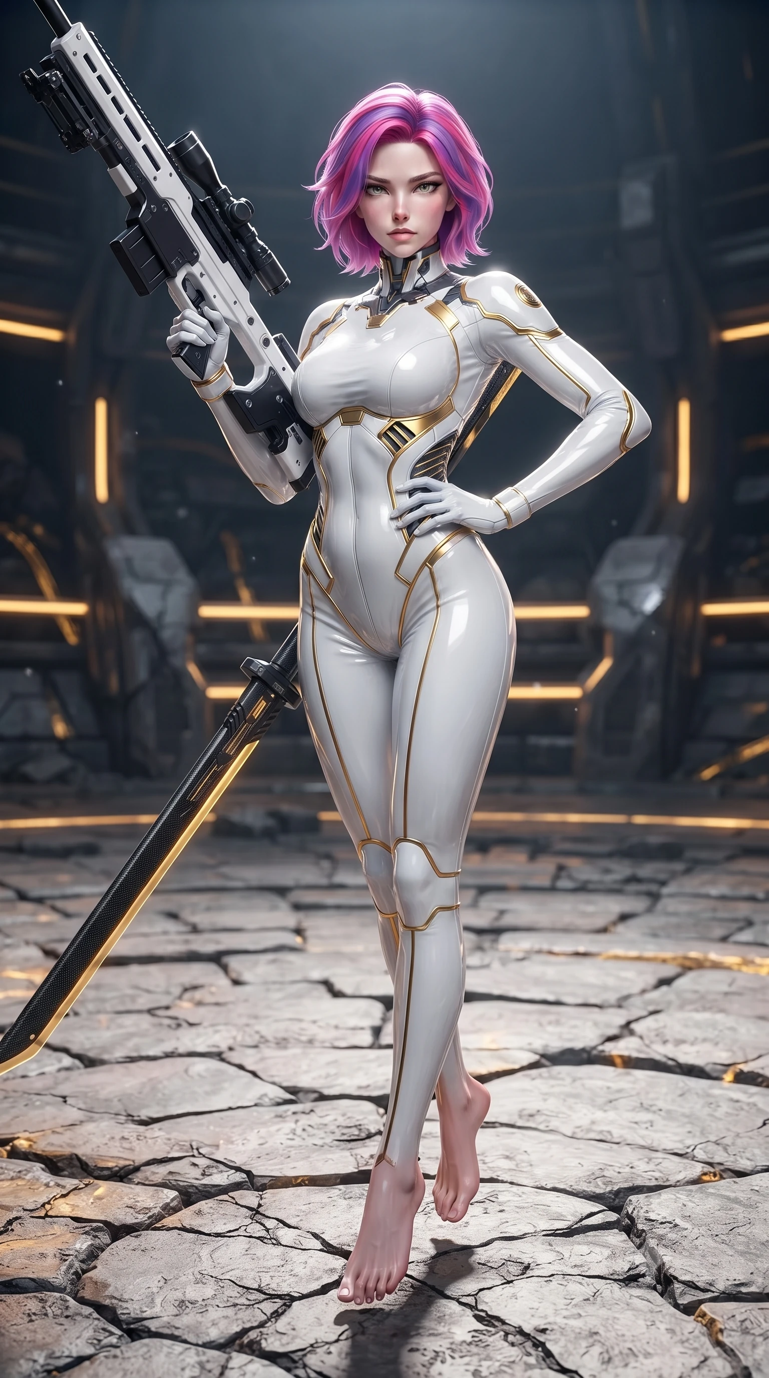 score_9, masterpiece, best quality, ultra-detailed, high-budget anime keyframe, editorial fashion photography, tasteful artistic composition, Caucasian woman. low angle full-body shot from head to toe showing her feet, filling the entire 9:16 vertical frame with her statuesque presence, stretching her vertical silhouette. performing an alluring mid-air combat landing with flawless poise, looking directly into the camera with regal, deadly intensity while resting one hand on her slender hip while looking down the edge of her massive weapon with haughty, captivating allure. The surrounding environment is rendered in vivid detail and crisp panoramic clarity. detailed carbon-composite sword fuller weave, glowing golden power conduits, and cracked arena stone in deep focus. She has an absolutely perfect, statuesque 8.5-heads proportion, an exceptionally tall and slender model-like female figure with impossibly long slender legs, a toned flat midriff, and an ultra-slim waist. sharp v-shaped jawline, high-bridge nose, intricate jewel-like eyes with depth, thick eyelashes, glossy lips with a natural sheen, flawlessly proportioned anatomical accuracy, strict slender model proportions, natural body alignment, perfectly sculpted long slender limbs, ultra-slim waistline, clean dynamic posture without body distortion. wearing a form-contouring arctic white carbon-composite battle-suit with solar gold trim and diagonal midriff vents, aiming a precision carbon-fiber railgun sniper rifle with divine focus in monochrome white enamel carbon with high-contrast black panels, made of lightweight aerodynamic carbon-titanium alloy with polished edge bevels, detailed with magnetic weapon holsters and polished chrome connection clasps, the liquid-tight tailored fabric emphasizing every curve of her tall, slender model proportions and sculptured silhouette during dynamic movement. surrounded by an invincible, royal, and fiercely captivating cyber-gladiator empress aura. ultra-reflective glossy finish, specular highlights, dark metallic sheen, high-contrast stereoscopic depth, volumetric dynamic lighting, 2k, ultra detail, master piece, 9:16 ratio