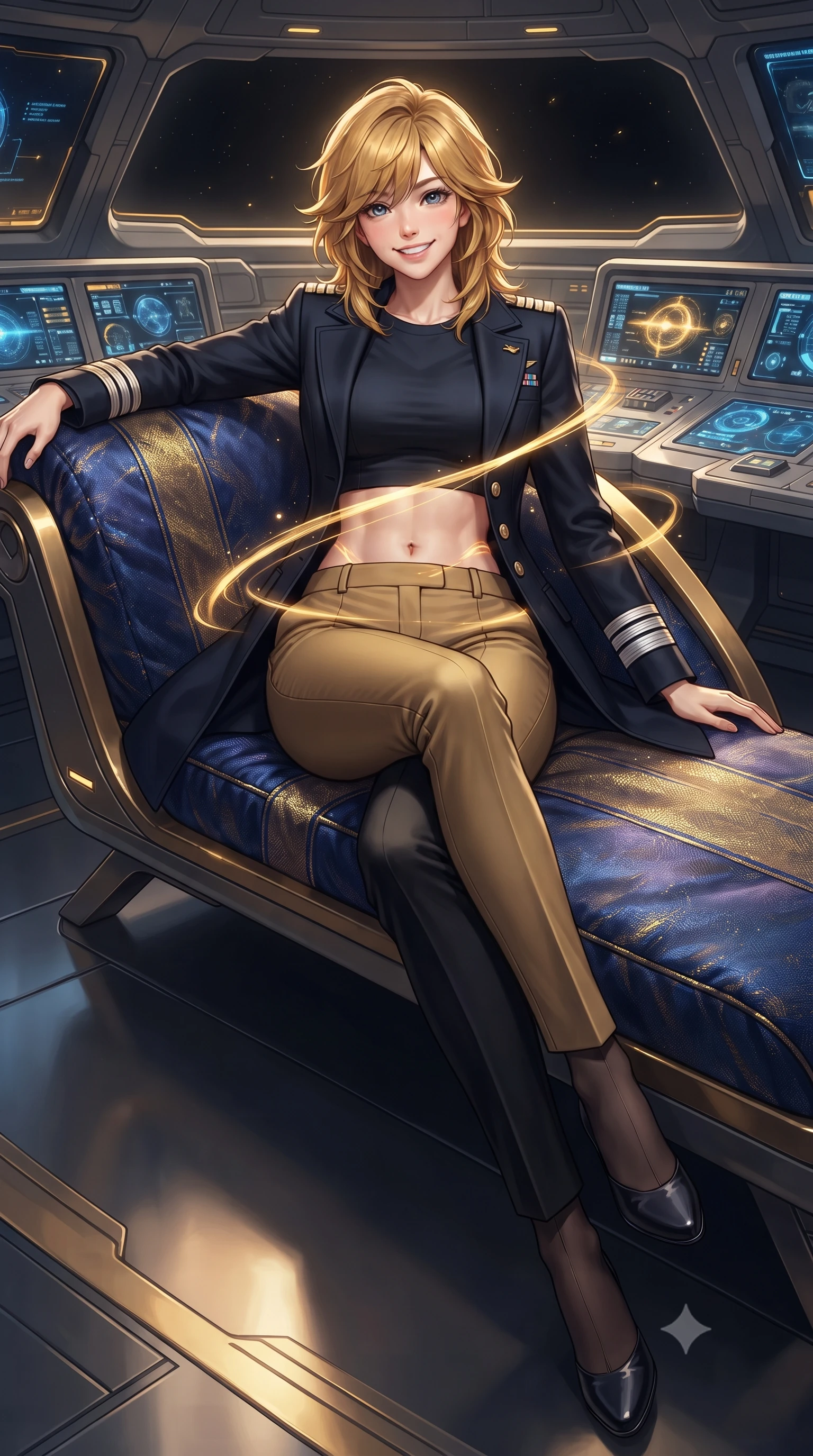 score_9, masterpiece, best quality, ultra-detailed, high-budget anime keyframe, editorial fashion photography, tasteful artistic composition, Korean woman. low angle full-body shot from head to toe showing her feet, filling the entire 9:16 vertical frame with her statuesque presence, stretching her vertical silhouette. lounging on the lavish daybed with legs crossed and hips angled toward the camera, displaying her toned midriff and long slender limbs with effortless siren poise while twisting her slender torso in an alluring contrapposto stance, brilliant synchrotron gold arcs painting fluid light ribbons across her narrow waist and hips. The surrounding environment is rendered in vivid detail and crisp panoramic clarity: sharp superconducting magnet housing seams, relativistic light fringes, and holographic containment telemetry in deep focus. She has an exceptionally tall and slender model-like 8.5-heads proportion, an ultra-slim waist, a flat toned midriff, narrow delicate ribcage, and beautifully sculpted feminine hips creating a graceful, slim hourglass silhouette without any bulky heaviness, with impossibly long slender legs. sharp v-shaped jawline, high-bridge nose, intricate jewel-like sparkling eyes with depth, thick eyelashes, glossy parted lips with a natural peach sheen, bright cheerful beaming smile with an enchanting and coquettish sensual glint, exuding both youthful cute charm and seductive allure, flawlessly proportioned anatomical accuracy, strict slender model proportions, natural body alignment, perfectly sculpted long slender limbs, ultra-slim waistline, clean dynamic posture without body distortion. wearing a tailored flight command officer coat in midnight navy with structured lapels, metallic rank braids, and tailored slim trousers in singularity accretion gold and space void onyx, crafted from bespoke double-faced cashmere with an exceptionally soft tactile finish, finished with sleek magnetic buckle closures fluttering in the breeze, the impeccably tailored cut draping gracefully along her slender figure with aristocratic poise. bathed in the blinding golden synchrotron radiation of the singularity contrasted with deep obsidian shadow gradients. ultra-reflective glossy finish, specular highlights, rich textural contrasts, high-contrast stereoscopic depth, volumetric dynamic lighting, 2k, ultra detail, master piece, 9:16 ratio