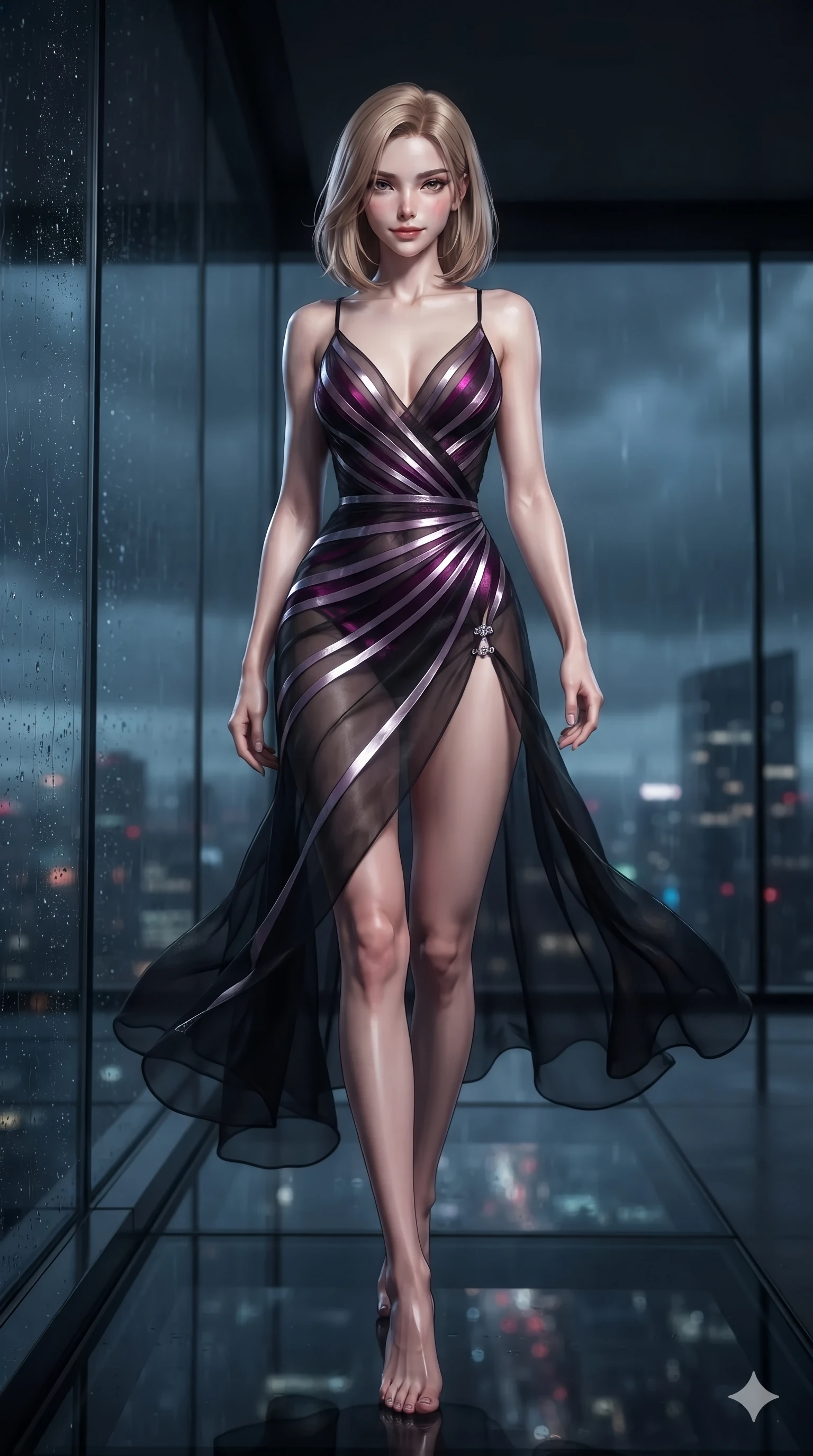 score_9, masterpiece, best quality, ultra-detailed, high-budget anime keyframe, editorial fashion photography, tasteful artistic composition, Korean woman. low angle full-body shot from head to toe showing her feet, filling the entire 9:16 vertical frame with her statuesque presence, stretching her vertical silhouette. lounging on the lavish obsidian daybed with legs crossed, displaying her toned midriff and long slender limbs with effortless siren poise while walking slowly along the darkened glass parapet with feline poise, her long slender legs and curvy hourglass hips commanding the metropolitan void. The background shows a soft-focus high-altitude luxury glass penthouse softened in storm-swept metropolitan shallow focus. She has an absolutely perfect, statuesque 8.5-heads proportion, an exceptionally tall and slender model-like female figure with impossibly long slender legs, an ultra-slim waist, a flat toned midriff, narrow delicate ribcage, and beautifully sculpted feminine hips creating a graceful, slim hourglass silhouette without any bulky heaviness. sharp v-shaped jawline, high-bridge nose, intricate jewel-like dark sparkling eyes with hypnotic seductive depth, thick curled eyelashes, glossy parted lips with a natural wine sheen, alluring bedroom-eyes with an enigmatic smoldering smile, exuding magnetic sovereign charisma and dark avant-garde glamour, flawlessly proportioned anatomical accuracy, strict slender model proportions, natural body alignment, perfectly sculpted long slender limbs, ultra-slim waistline, clean dynamic posture without body distortion. wearing a plunge-front sheer illusion tulle slip dress with liquid platinum ribbon stripes hugging her curves in royal amaranth purple and liquid platinum, crafted from layered gossamer black organza with weightless, smoky flutter, finished with an ultra-high side slit secured by miniature jeweled clasps, the bespoke structured tailoring following the natural line of her 8.5-heads silhouette with refined elegance. illuminated by storm-lit exterior city bounce and sharp electric-sapphire rim lights defining her razor-sharp jawline, narrow waist, and curvy hips. ultra-reflective glossy finish, specular highlights, metallic sheen, high-contrast stereoscopic depth, volumetric dynamic lighting, 2k, ultra detail, master piece, 9:16 ratio