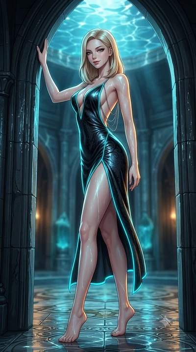 score_9, masterpiece, best quality, ultra-detailed, high-budget anime keyframe, semi-realistic 3D game render, editorial fashion photography, tasteful artistic composition, Korean woman. low angle full-body shot from head to toe showing her feet, fil