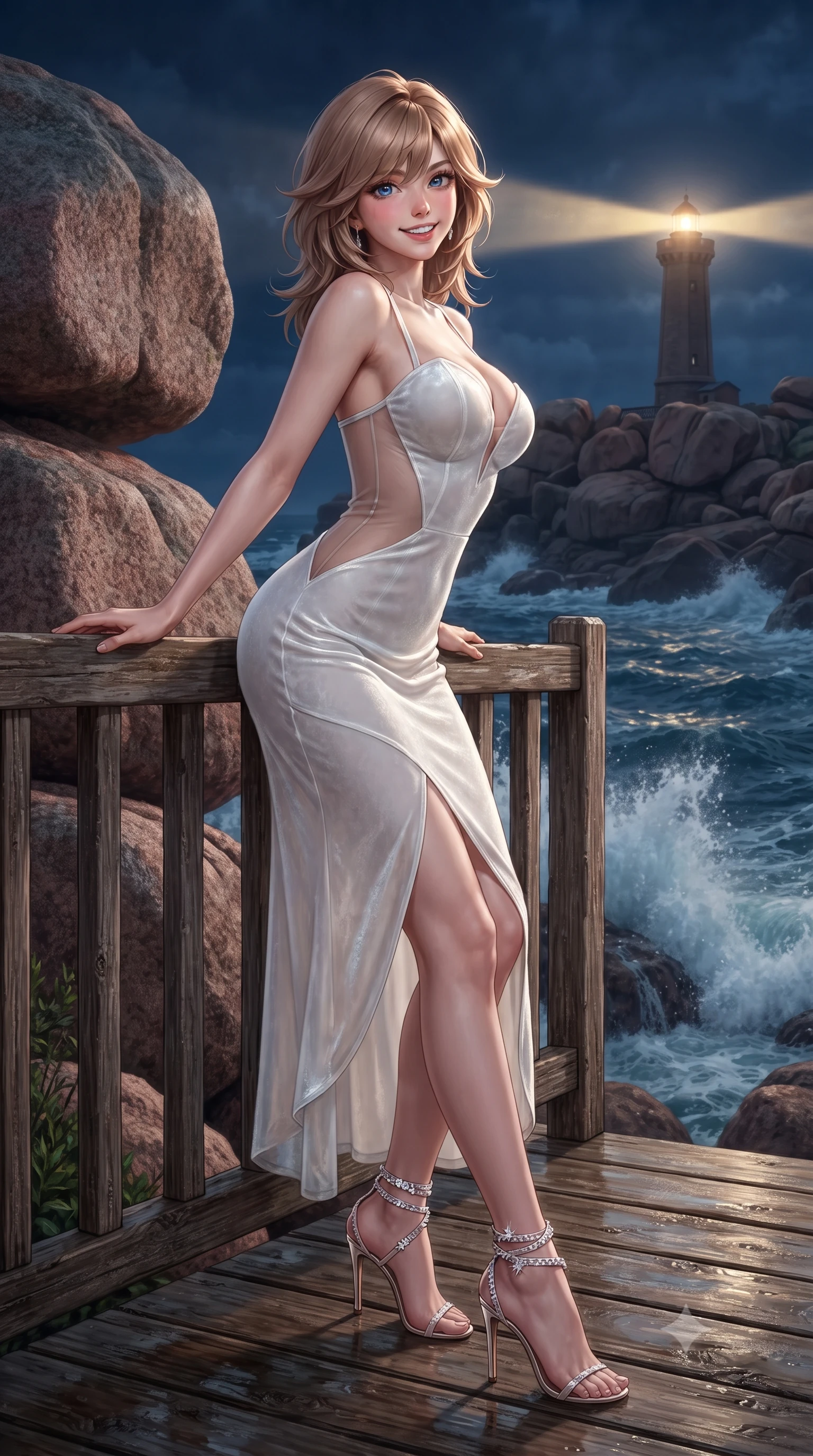 score_9, masterpiece, best quality, ultra-detailed, high-budget anime keyframe, editorial fashion photography, tasteful artistic composition, Korean woman. low angle full-body shot from head to toe showing her feet, filling the entire 9:16 vertical frame with her statuesque presence, stretching her vertical silhouette. leaning deep against the balcony balustrade with hips cocked back in an unapologetically alluring high-fashion stance, casting an intoxicating glance while standing poised on the timber observation deck beside the colossal natural pink granite boulders, arching her spine with siren allure as ocean waves crash below. The surrounding environment is rendered in vivid detail and crisp panoramic clarity: sharp rose-pink feldspar granite mineral textures, wet weathered timber deck planks, and ocean foam bubbles in deep focus. She has an exceptionally tall and slender model-like 8.5-heads proportion, an ultra-slim waist, a flat toned midriff, narrow delicate ribcage, and beautifully sculpted feminine hips creating a graceful, slim hourglass silhouette without any bulky heaviness, with impossibly long slender legs. sharp v-shaped jawline, high-bridge nose, intricate jewel-like sparkling eyes with depth, thick eyelashes, glossy parted lips with a natural peach sheen, bright cheerful beaming smile with an enchanting and coquettish sensual glint, exuding both youthful cute charm and seductive allure, flawlessly proportioned anatomical accuracy, strict slender model proportions, natural body alignment, perfectly sculpted long slender limbs, ultra-slim waistline, clean dynamic posture without body distortion. wearing an alluring plunging sweetheart bustier dress with sheer mesh side-waist cutouts contouring her ribs in pure translucent crystal white and liquid platinum, tailored from ultra-plush silk velvet with rich tactile depth and deep shadow gradients, complemented by strappy stiletto sandals with crystal ankle wraps accentuating her slender calves, the impeccably tailored cut draping gracefully along her slender figure with aristocratic poise. bathed in periodic sweeping golden lighthouse lamp beams contrasted with deep navy ocean ambient and moonlight. ultra-reflective glossy finish, specular highlights, rich textural contrasts, high-contrast stereoscopic depth, volumetric dynamic lighting, 2k, ultra detail, master piece, 9:16 ratio