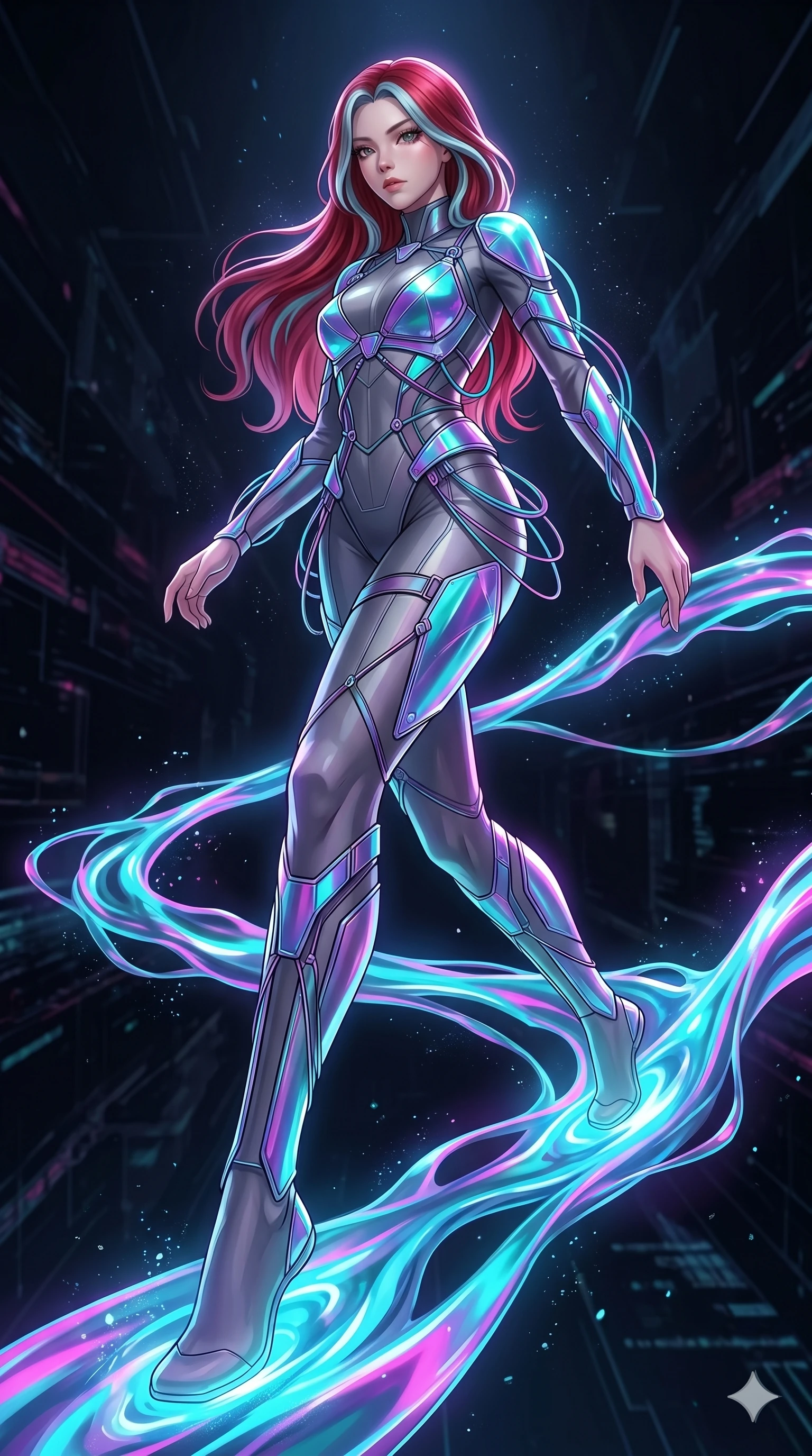 score_9, masterpiece, best quality, ultra-detailed, high-budget anime keyframe, Korean woman. low angle full-body shot filling the entire 9:16 frame with her statuesque presence, stretching the vertical silhouette. stepping on holographic fluid ribbons of sound that ripple with cyan and magenta light in a dark virtual void. She has an absolutely perfect 8-heads proportion, an exceptionally tall and slender female figure with impossibly long slender legs and an ultra-slim waist. V-shaped jawline, high-bridge nose, intricate jewel-like eyes with depth, thick eyelashes, glossy lips with a natural sheen.. wearing a holographic ribbon shell armor, featuring thin iridescent plates linked by wire straps over a sleek structured base layer. illuminated by dramatic chiaroscuro casting soft shadows along her elegant contours, with vibrant backlighting highlighting the dust particles. 2k, ultra detail, master piece, 9:16 ratio