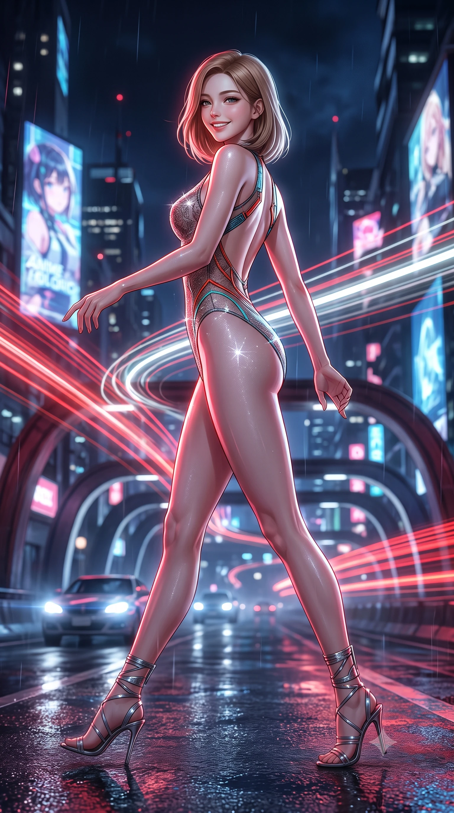 score_9, masterpiece, best quality, ultra-detailed, high-budget anime keyframe, semi-realistic 3D game render, editorial fashion photography, tasteful artistic composition, Korean woman. low angle full-body shot from head to toe showing her feet, filling the entire 9:16 vertical frame with her statuesque presence, stretching her vertical silhouette. stepping forward in a confident stride, her long slender legs and curvaceous hips creating a dynamic, sweeping vertical line while twisting her slender torso in an alluring contrapposto stance, long red and white aerocar light trails creating streaks of brilliance across her narrow waist and hips. The background shows a soft-focus streaks of multi-tiered flying car headlights, massive 3D anime holographic billboards, and rain-slicked highway arches blurred into ruby, white, and electric blue bokeh. She has an exceptionally tall and slender model-like 8.5-heads proportion, an ultra-slim waist, a flat toned midriff, narrow delicate ribcage, and beautifully sculpted feminine hips creating a graceful, slim hourglass silhouette without any bulky heaviness, with impossibly long slender legs. sharp v-shaped jawline, high-bridge nose, intricate jewel-like sparkling eyes with depth, thick eyelashes, glossy parted lips with a natural peach sheen, bright cheerful beaming smile with an enchanting and coquettish sensual glint, exuding both youthful cute charm and seductive allure, flawlessly proportioned anatomical accuracy, strict slender model proportions, natural body alignment, perfectly sculpted long slender limbs, ultra-slim waistline, clean dynamic posture without body distortion. wearing an alluring backless sheer lace combat leotard with high-cut leg openings and delicate fiber-optic embroidery framing her spine in cyber-shinto vermilion and laser turquoise, woven from stretch metallic lurex jersey casting radiant starlight glints across her curves, complemented by strappy stiletto sandals with metallic ankle wraps accentuating her slender calves, the glove-like clinging cut tightly following the natural contour of her hips and long slender legs with youthful 8.5-heads elegance. illuminated by wet concrete reflection bounce and sharp ruby-white rim lights sculpting her jawline, narrow waist, and curvy hips. highly saturated vibrant anime colors, detailed shading with soft gradients, rich glossy textures, high-contrast stereoscopic depth, volumetric dynamic lighting, master piece, 9:16 ratio