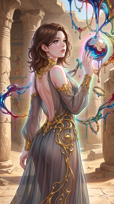score_9, masterpiece, best quality, ultra-detailed, high-budget anime keyframe, Caucasian woman, strictly human ears. upper body close-up from the thighs up, character filling the screen for maximum presence. interacting with liquid stained-glass tha