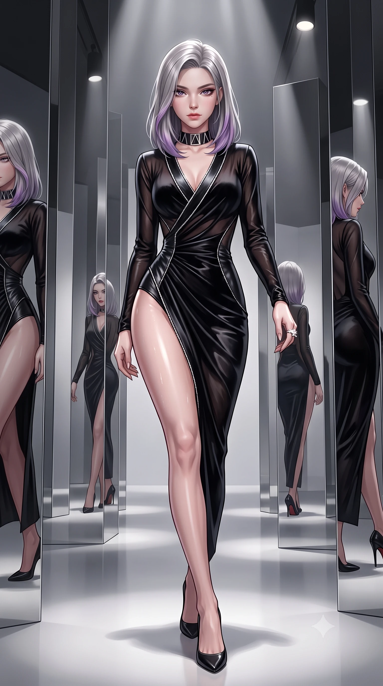 score_9, masterpiece, best quality, ultra-detailed, high-budget anime keyframe, semi-realistic 3D game render, editorial fashion photography, tasteful artistic composition, Caucasian woman. low angle full-body shot from head to toe showing her feet, filling the entire 9:16 vertical frame with her statuesque presence, stretching her vertical silhouette. striding forward in a proud supermodel runway stride, hips swaying in an alluring kinetic rhythm that accentuates her curvy hourglass silhouette while standing poised between mirror-finished stainless steel columns, her graceful hourglass silhouette multiplied into infinite reflections. The surrounding environment is rendered in vivid detail and crisp panoramic clarity. high-contrast minimalist museum chiaroscuro and avant-garde contemporary high-fashion aesthetics in precision. She has an exceptionally tall and slender model-like 8.5-heads proportion, an ultra-slim waist, a flat toned midriff, narrow delicate ribcage, and beautifully sculpted feminine hips creating a graceful, slim hourglass silhouette without any bulky heaviness, with impossibly long slender legs. sharp v-shaped jawline, high-bridge nose, intricate jewel-like eyes with depth, thick eyelashes, glossy parted lips with a natural sheen, intensely captivating and seductive bedroom-eyes expression, flawlessly proportioned anatomical accuracy, strict slender model proportions, natural body alignment, perfectly sculpted long slender limbs, ultra-slim waistline, clean dynamic posture without body distortion. wearing a delicate semi-translucent silk yukata that clings to her wet skin and curvy hip contours in pitch-black velvet with diamond crystal trim, crafted from second-skin supple lambskin leather with liquid drape, complemented by a bold geometric choker and sparkling cocktail ring, the liquid-tight tailored fabric clinging flawlessly to her narrow waist and rounded feminine hips, emphasizing every millimeter of her sculpted slim hourglass curves without any bulky heaviness. bathed in precise museum directional spotlights from above and soft floor-level ambient fill. highly saturated vibrant anime colors, detailed shading with soft gradients, rich glossy textures, high-contrast stereoscopic depth, volumetric dynamic lighting, master piece, 9:16 ratio