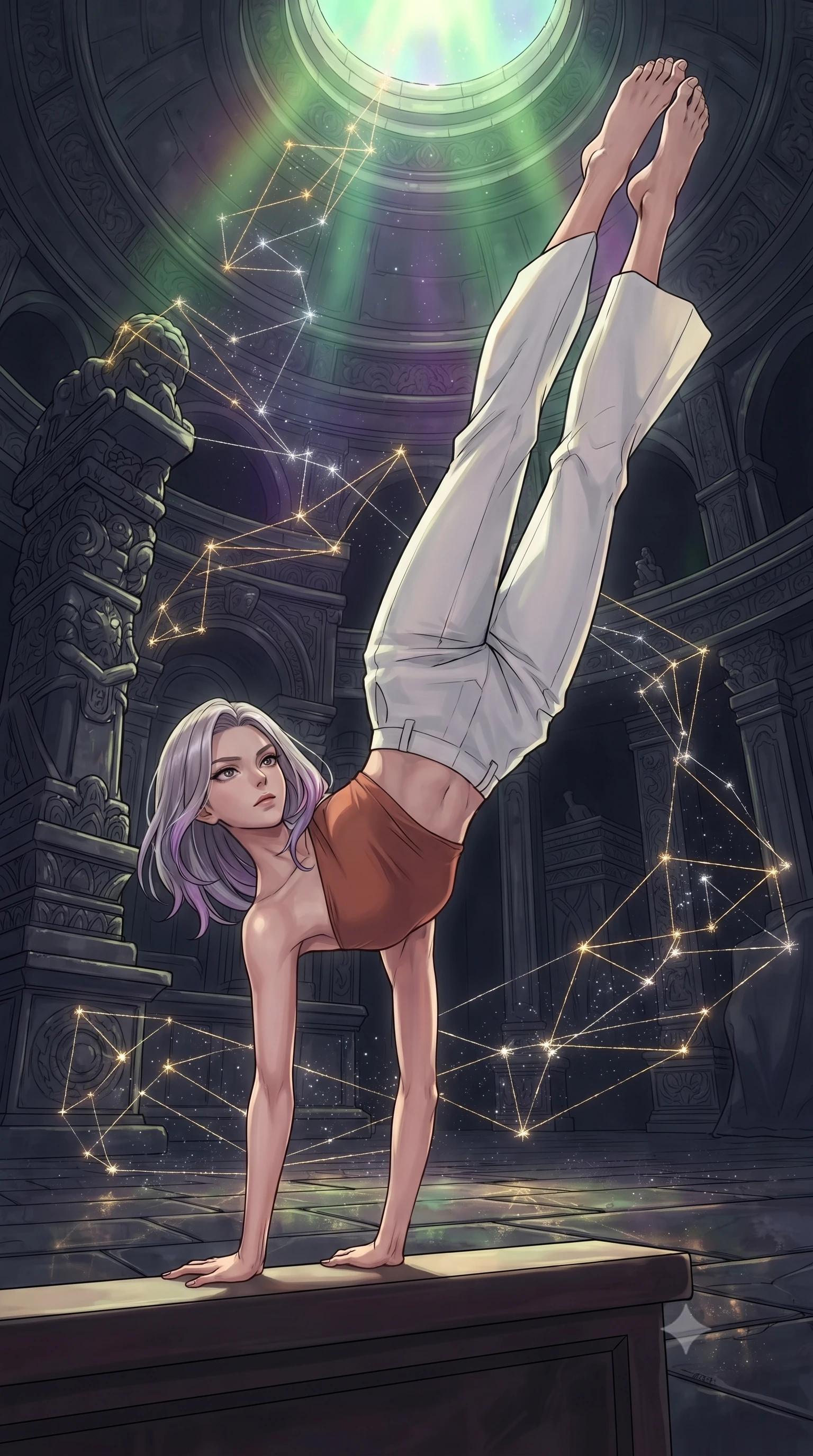 score_9, masterpiece, best quality, ultra-detailed, high-budget anime keyframe, gorgeous anime illustration, with clean line-art and distinct ink outlines, Caucasian woman, strictly human ears. low angle full-body shot from head to toe showing her feet, filling the entire 9:16 vertical frame with her statuesque presence, stretching her vertical silhouette. vaulting dynamically through inside a temple where lines of gold and silver light are being woven by giant stone looms into constellations, starry threads floating in geometric patterns across the dark stone floor. She has a statuesque 8.5-heads proportion, an exceptionally tall, slender and willowy model-like build with impossibly long legs and a highly sculpted ultra-slim waist. sharp v-shaped jawline, high-bridge nose, intricate jewel-like eyes with depth, thick eyelashes, glossy lips with a natural sheen. wearing an asymmetric crop top in terracotta paired with high-waisted white wide-leg pants. illuminated by a shifting aurora palette of green violet and gold from above. 2k, ultra detail, master piece, 9:16 ratio, vibrant anime color palette, detailed cel-shading with soft gradients, rich contrast, dynamic lighting, 2d animation style