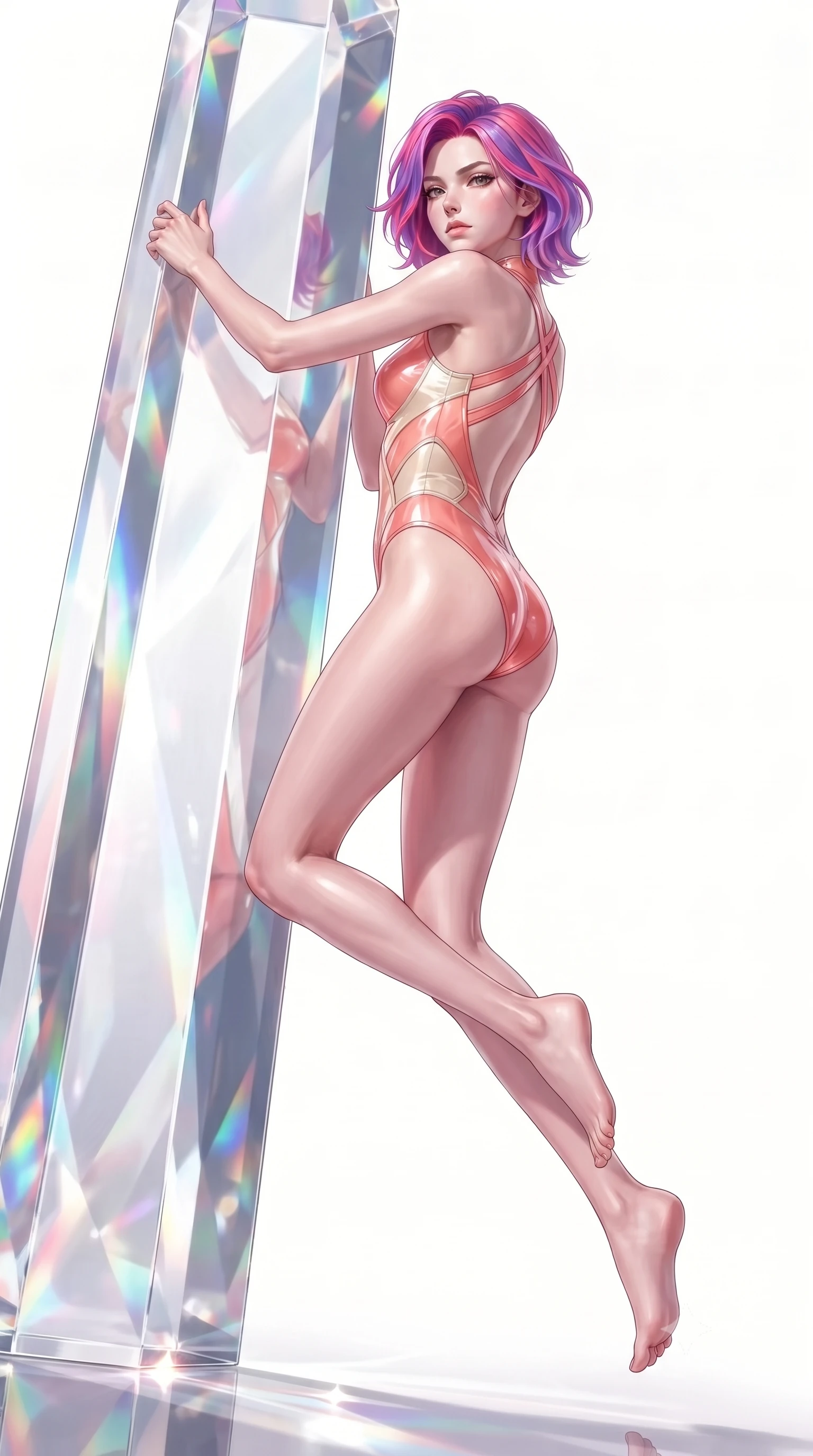 score_9, masterpiece, best quality, ultra-detailed, high-budget anime keyframe, editorial fashion photography, tasteful artistic composition, Caucasian woman. low angle full-body shot from head to toe showing her feet, filling the entire 9:16 vertical frame with her statuesque presence, stretching her vertical silhouette. performing an alluring mid-air vault with flawless poise, looking directly into the camera with smoldering intensity while leaning against a towering optical crystal pillar with a haughty, smoldering gaze amidst pure white daylight. The surrounding environment is rendered in vivid detail and crisp panoramic clarity. vivid high-saturation spectrum colors and high-key white daylight rendered with environmental sharpness. She has an absolutely perfect, statuesque 8.5-heads proportion, an exceptionally tall and slender model-like female figure with impossibly long slender legs, a toned flat midriff, and an ultra-slim waist. sharp v-shaped jawline, high-bridge nose, intricate jewel-like eyes with depth, thick eyelashes, glossy lips with a natural sheen, flawlessly proportioned anatomical accuracy, strict slender model proportions, natural body alignment, perfectly sculpted long slender limbs, ultra-slim waistline, clean dynamic posture without body distortion. wearing a high-cut translucent vinyl leotard with front paneling, exposed side-rib cutouts, and an open back in radiant coral pink and champagne ivory, formed from high-gloss patent material with specular light reflections, complemented by criss-cross back straps highlighting her completely bare spine, the form-contouring material adhering flawlessly to her sculpted flat midriff and slender torso, emphasizing her long leg lines and perfectly proportioned willowy build. illuminated by high-contrast specular reflections on crystal and polished surfaces. ultra-reflective glossy finish, specular highlights, metallic sheen, high-contrast stereoscopic depth, volumetric dynamic lighting, 2k, ultra detail, master piece, 9:16 ratio