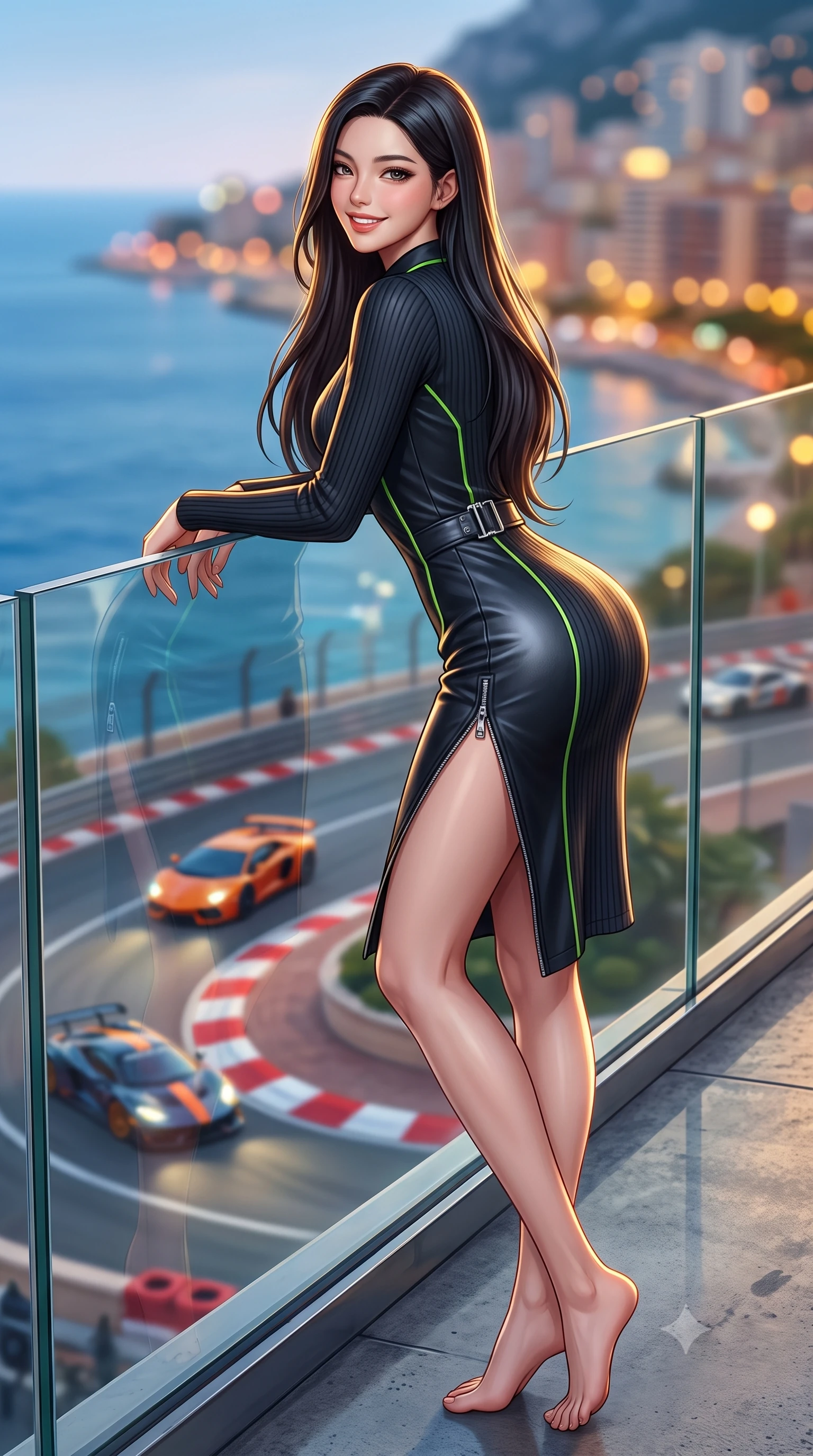score_9, masterpiece, best quality, ultra-detailed, high-budget anime keyframe, semi-realistic 3D game render, editorial fashion photography, tasteful artistic composition, Korean woman. low angle full-body shot from head to toe showing her feet, filling the entire 9:16 vertical frame with her statuesque presence, stretching her vertical silhouette. leaning deep against the pit lane barrier with hips cocked back in an unapologetically alluring high-fashion stance, flashing a warm beaming smile while leaning against the glass balustrade with hips cocked back, looking over a bare shoulder toward roaring supercars navigating the turn below. The background shows a soft-focus the iconic red-and-white curbs of the tight Fairmont Hairpin and the Mediterranean sea beyond blurred into coral, turquoise, and gold bokeh. She has an absolutely perfect, statuesque 8.5-heads proportion, an exceptionally tall and slender model-like female figure with impossibly long slender legs, an ultra-slim waist, a flat toned midriff, narrow delicate ribcage, and beautifully sculpted feminine hips creating a graceful, slim hourglass silhouette without any bulky heaviness. sharp v-shaped jawline, high-bridge nose, sparkling eyes with athletic focus and depth, thick curled eyelashes, glossy parted lips with a natural coral-peach sheen, bright confident and coquettish smile with alluring bedroom-eyes, exuding both youthful sporty vigor and sovereign high-society glamour, flawlessly proportioned anatomical accuracy, strict slender model proportions, natural body alignment, perfectly sculpted long slender limbs, ultra-slim waistline, clean dynamic posture without body distortion. wearing a retro-chic ribbed polo sweater dress with a high side thigh slit and form-fitting silhouette in deep midnight carbon and luminous lime green piping, crafted from supple buttery lambskin racing leather with a satin sheen, finished with polished chrome zipper pulls and racing harness buckle hardware, the liquid-tight tailored fabric clinging flawlessly to her narrow waist and rounded feminine hips, emphasizing every millimeter of her sculpted slim hourglass curves without any bulky heaviness. illuminated by pool water caustic bounce and sharp warm-gold rim lights sculpting her razor-sharp jawline, narrow waist, and curvy hips. highly saturated vibrant anime colors, detailed shading with soft gradients, rich glossy textures, high-contrast stereoscopic depth, volumetric dynamic lighting, master piece, 9:16 ratio