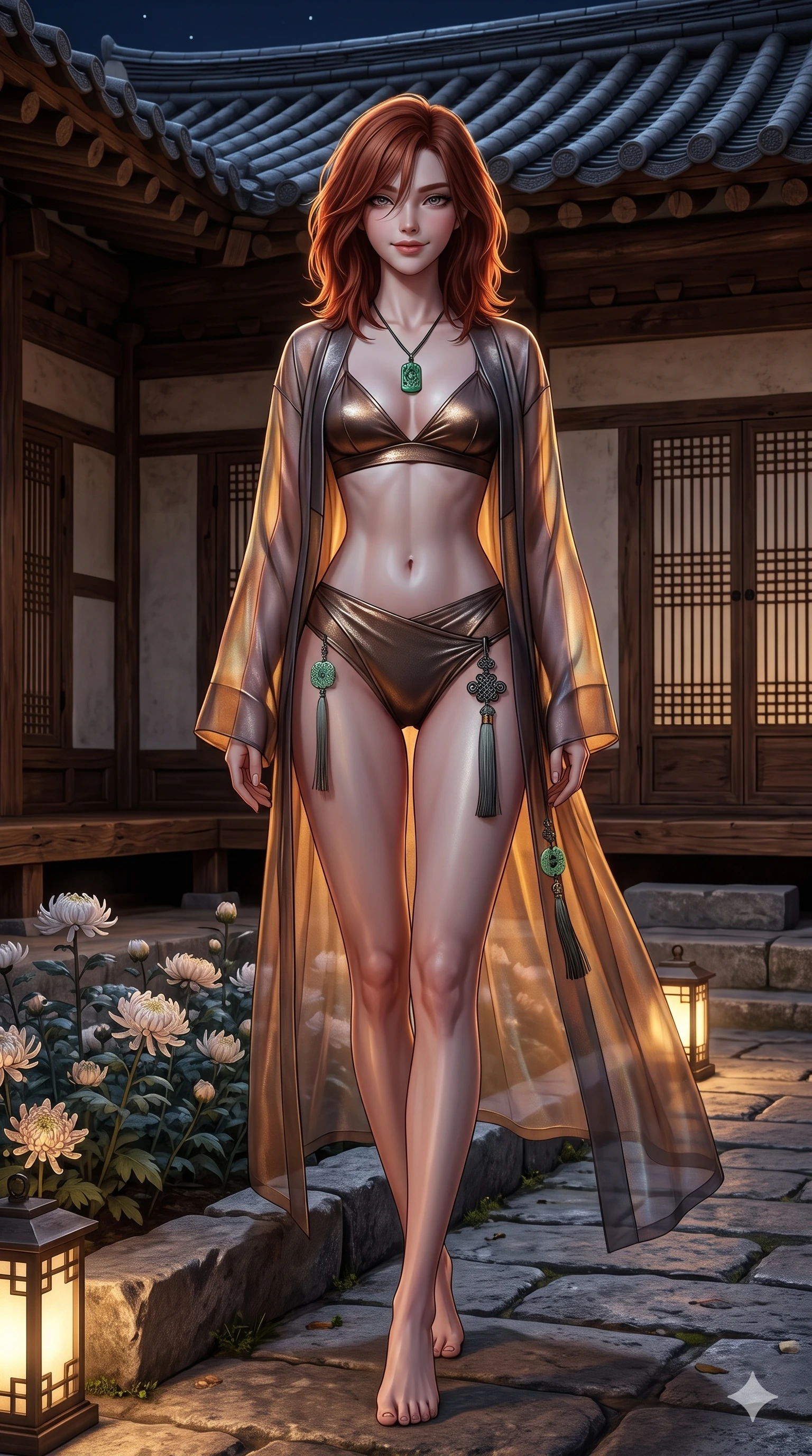 score_9, masterpiece, best quality, ultra-detailed, high-budget anime keyframe, semi-realistic 3D game render, editorial fashion photography, tasteful artistic composition, Korean woman. low angle full-body shot from head to toe showing her feet, filling the entire 9:16 vertical frame with her statuesque presence, stretching her vertical silhouette. stepping slowly toward the camera with hypnotic grace, hips swaying in an alluring sensual rhythm that accentuates her curvy hourglass silhouette and long slender legs while standing tall beside the stone flower bed in the hanok courtyard, arching her lower back to emphasize her curvy hips against the clay-tiled eaves. The surrounding environment is rendered in vivid detail and crisp panoramic clarity: sharp clay roof tile ridges, carved wooden maru grain, and delicate chrysanthemum petal edges in deep focus. She has an absolutely perfect, statuesque 8.5-heads proportion, an exceptionally tall and slender model-like female figure with impossibly long slender legs, an ultra-slim waist, a flat toned midriff, narrow delicate ribcage, and beautifully sculpted feminine hips creating a graceful, slim hourglass silhouette without any bulky heaviness. sharp v-shaped jawline, high-bridge nose, sparkling eyes with hypnotic seductive depth, thick curled eyelashes, glossy parted lips with a natural dewy peach sheen, alluring bedroom-eyes with an enchanting coquettish smile, exuding magnetic siren charisma and sophisticated glamour, flawlessly proportioned anatomical accuracy, strict slender model proportions, natural body alignment, perfectly sculpted long slender limbs, ultra-slim waistline, clean dynamic posture without body distortion. wearing a translucent iridescent organza durumagi robe slipping off bare shoulders over a matching satin micro-bralette and wrap briefs in smoked agarwood charcoal and warm honey amber, crafted from stretch micro-mesh with metallic foil coating that shimmers in the moonlight, finished with authentic carved jade pendants and traditional norigae knots, the glove-like clinging cut tightly following the natural contour of her hips and long slender legs with youthful 8.5-heads elegance. illuminated by courtyard lantern bounce and sharp honey-gold rim lights sculpting her razor-sharp jawline, narrow waist, and curvy hips. highly saturated vibrant anime colors, detailed shading with soft gradients, rich glossy textures, high-contrast stereoscopic depth, volumetric dynamic lighting, master piece, 9:16 ratio