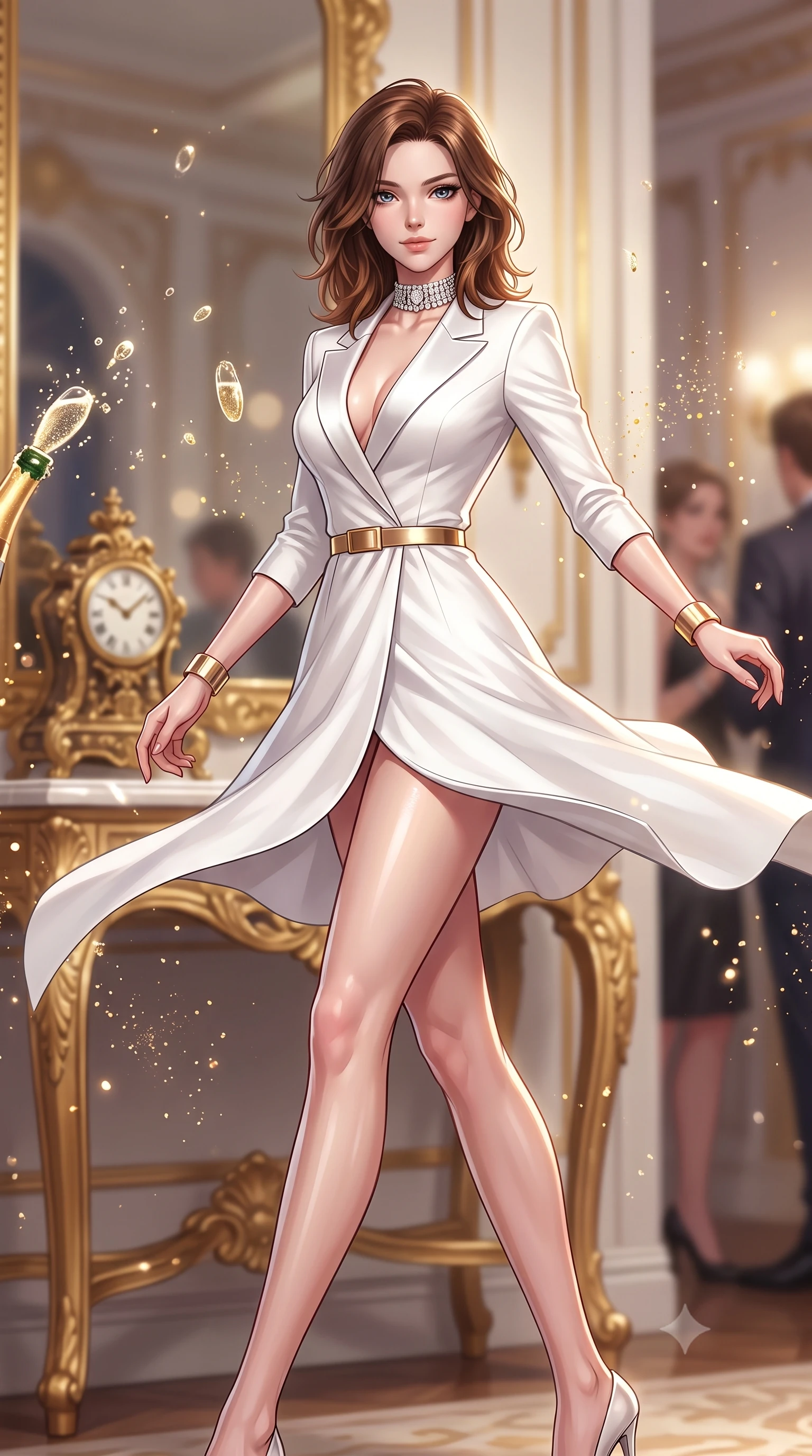 score_9, masterpiece, best quality, ultra-detailed, high-budget anime keyframe, semi-realistic 3D game render, editorial fashion photography, tasteful artistic composition, Korean woman. low angle full-body shot from head to toe showing her feet, filling the entire 9:16 vertical frame with her statuesque presence, stretching her vertical silhouette. executing an elegant mid-motion spin with effortless grace, her garments fluttering softly around her ultra-slim waistline while resting against a gilded mirror console table with an aloof, captivating socialite smile. The composition keeps background elements in soft focus with creamy bokeh. sparkling champagne bubbles and gold glitter dust scattering soft luminous light motes. She has an absolutely perfect, statuesque 8.5-heads proportion, an exceptionally tall and slender model-like female figure with impossibly long slender legs, a toned flat midriff, and an ultra-slim waist. sharp v-shaped jawline, high-bridge nose, intricate jewel-like eyes with depth, thick eyelashes, glossy lips with a natural sheen, captivating and magnetic expression, flawlessly proportioned anatomical accuracy, strict slender model proportions, natural body alignment, perfectly sculpted long slender limbs, ultra-slim waistline, clean dynamic posture without body distortion. wearing a chic tailored white tuxedo jacket dress with satin lapels and an ultra-slim waist-cinching gold belt in pristine royal white and brushed gold, made of structured fine wool crepe and liquid silk satin, accessorized with a bold diamond choker and minimalist gold cuffs, the glove-like aerodynamic second-skin fit tightly clinging to her ultra-slender waist and athletic curves without adding bulk, accentuating her razor-sharp statuesque lines and slim hourglass silhouette. illuminated by crisp specular highlights tracing her sculpted flat midriff, collarbones, and long legs. highly saturated vibrant anime colors, detailed shading with soft gradients, rich glossy textures, high-contrast stereoscopic depth, volumetric dynamic lighting, master piece, 9:16 ratio