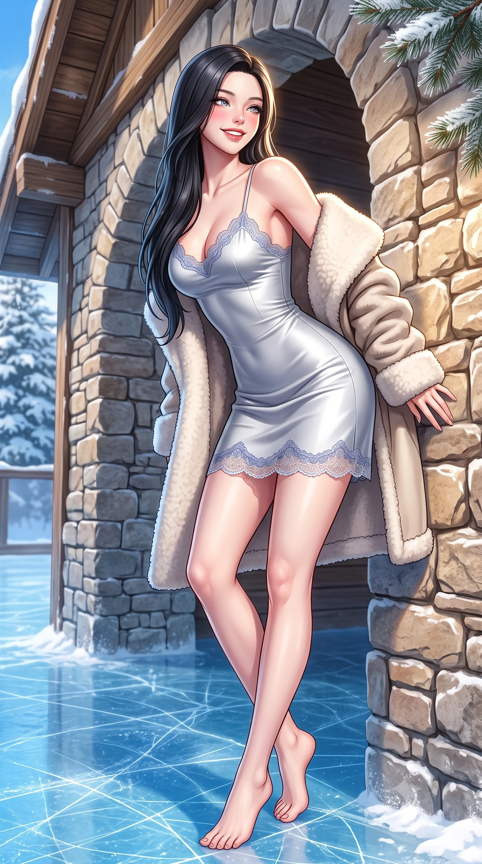score_9, masterpiece, best quality, ultra-detailed, high-budget anime keyframe, semi-realistic 3D game render, editorial fashion photography, tasteful artistic composition, Korean woman. low angle full-body shot from head to toe showing her feet, filling the entire 9:16 vertical frame with her statuesque presence, stretching her vertical silhouette. leaning deep against the sunlit chalet archway with hips cocked back in a cute yet unapologetically alluring high-fashion stance, flashing a warm beaming smile while leaning against the snow-capped stone terrace wall with hips cocked back, looking back over a bare shoulder with an enchanting, sunlit smile. The surrounding environment is rendered in vivid detail and crisp panoramic clarity. sharp ice skate blade scratches on clear blue ice, rustic limestone masonry, and pine needle frost details in deep focus. She has an exceptionally tall and slender model-like 8.5-heads proportion, an ultra-slim waist, a flat toned midriff, narrow delicate ribcage, and beautifully sculpted feminine hips creating a graceful, slim hourglass silhouette without any bulky heaviness, with impossibly long slender legs. sharp v-shaped jawline, high-bridge nose, sparkling ice-crystal eyes with depth, frosty thick lashes, glossy parted lips with a rosy berry sheen, bright playful smile with an intoxicating seductive glint, rosy flushed cheeks radiating cozy warmth and dangerous allure, flawlessly proportioned anatomical accuracy, strict slender model proportions, natural body alignment, perfectly sculpted long slender limbs, ultra-slim waistline, clean dynamic posture without body distortion. wearing a strappy silver silk slip dress with delicate lace scallop edging along the neckline and hem in dusty periwinkle blue and cloud white, tailored from crisp technical ski fabric with clean aerodynamic lines, complemented by an oversized plush shearling coat draped casually over one shoulder, the liquid-tight tailored fabric clinging flawlessly to her narrow waist and rounded feminine hips, emphasizing every millimeter of her sculpted slim hourglass curves without any bulky heaviness. illuminated by ice sheet bounce fill and sharp icy-gold rim lighting defining her sculpted collarbones, ultra-slim waist, and curvy hips. highly saturated vibrant anime colors, detailed shading with soft gradients, rich glossy textures, high-contrast stereoscopic depth, volumetric dynamic lighting, master piece, 9:16 ratio