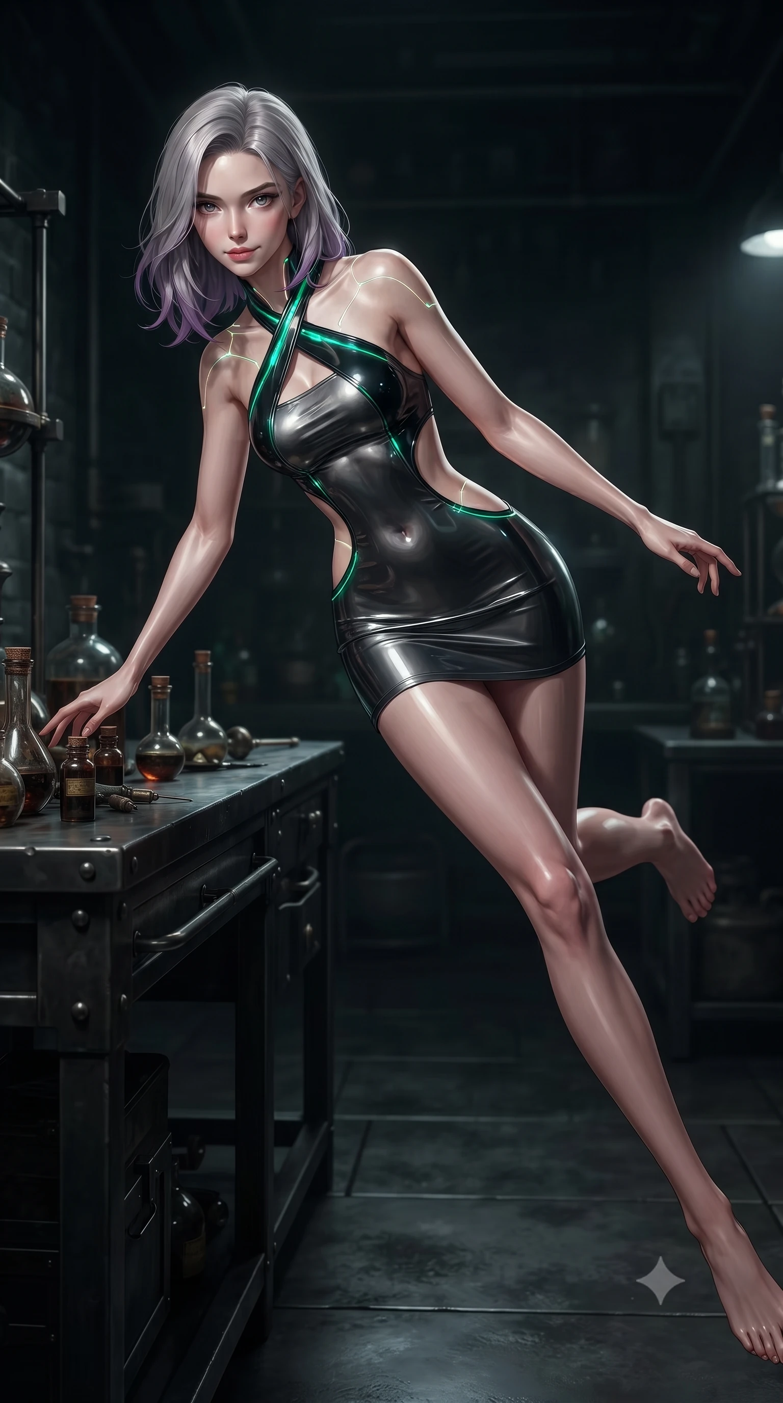 score_9, masterpiece, best quality, ultra-detailed, high-budget anime keyframe, editorial fashion photography, tasteful artistic composition, Caucasian woman. low angle full-body shot from head to toe showing her feet, filling the entire 9:16 vertical frame with her statuesque presence, stretching her vertical silhouette. performing an alluring mid-air vault with flawless poise, looking directly into the camera with smoldering, predatory intensity while leaning against a dark metal workbench strewn with antique alchemical vials with an intelligent, tempting smile. The surrounding environment is rendered in vivid detail and crisp panoramic clarity. rich industrial chiaroscuro and mysterious retro-futuristic alchemical design rendered with sharpness. She has an absolutely perfect, statuesque 8.5-heads proportion, an exceptionally tall and slender model-like female figure with impossibly long slender legs, a toned flat midriff, and an ultra-slim waist. sharp v-shaped jawline, high-bridge nose, intricate jewel-like eyes with depth, thick eyelashes, glossy lips with a natural sheen, flawlessly proportioned anatomical accuracy, strict slender model proportions, natural body alignment, perfectly sculpted long slender limbs, ultra-slim waistline, clean dynamic posture without body distortion. wearing a molten gunmetal liquid-metal mini dress featuring deep side-waist cutouts and a daring crossover halter neckline in high-gloss lacquer black and electric emerald highlights, tailored from semi-translucent dark cybernetic vinyl with subtle glowing micro-filaments, accented with glowing fiber-optic seams tracing her collarbones and hip curves in the gloom, the form-contouring material adhering flawlessly to her sculpted flat midriff and slender torso, emphasizing her long leg lines and perfectly proportioned willowy build. surrounded by a mysterious, forbidden, and captivatingly dangerous dark-science atmosphere. ultra-reflective glossy finish, specular highlights, dark metallic sheen, deep chiaroscuro contrast, volumetric dynamic shadow lighting, 2k, ultra detail, master piece, 9:16 ratio