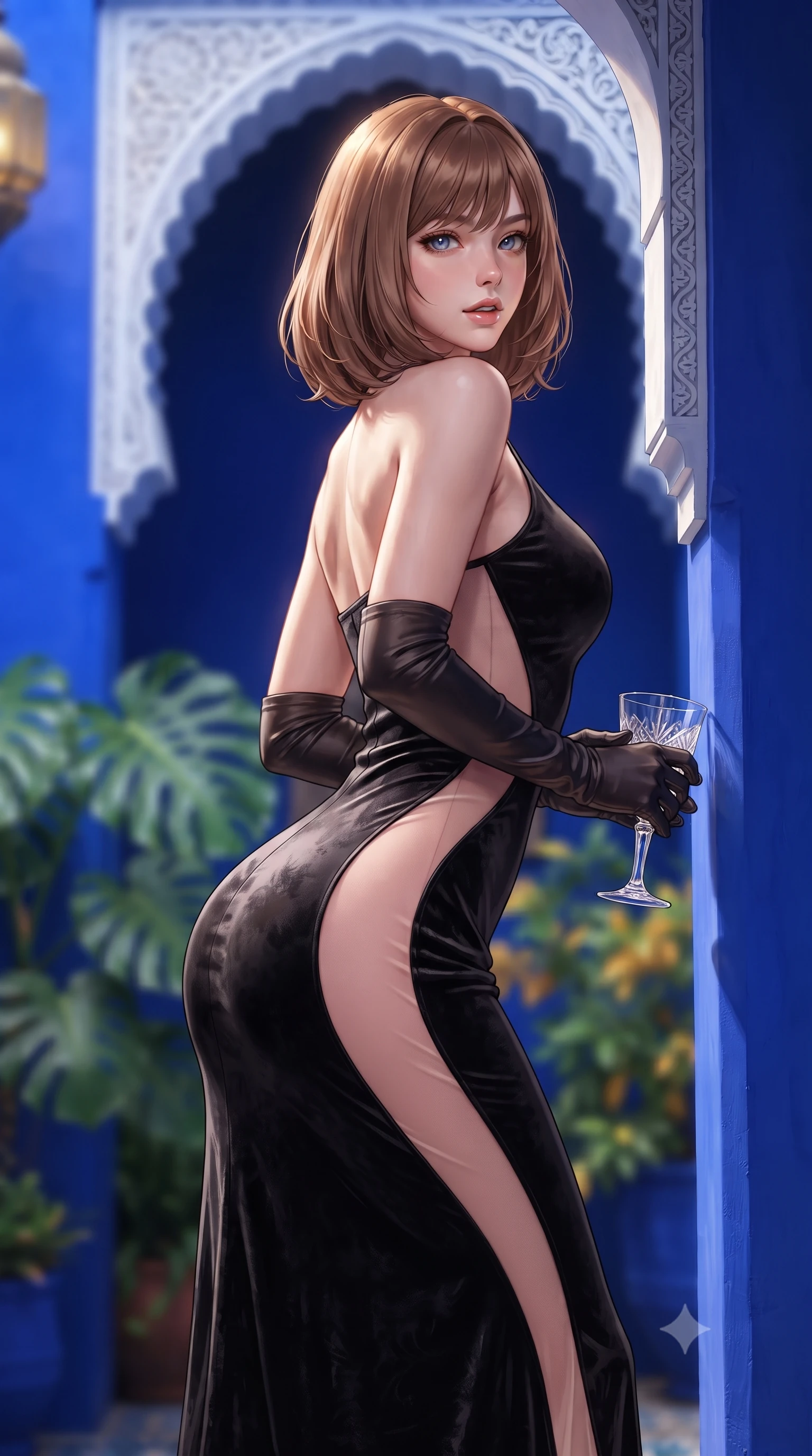 score_9, masterpiece, best quality, ultra-detailed, high-budget anime keyframe, editorial fashion photography, tasteful artistic composition, Caucasian woman. close-up cowboy shot from the waist and thighs up, the character dominates the composition, filling the frame with her large presence. posing in an alluring rear three-quarter angle, arching her lower back in a pronounced S-curve with one hand on her hip, glancing seductively over her bare shoulder with parted glossy lips while leaning against an ornate horseshoe archway carved with delicate stucco lace, looking back over her bare shoulder with sun-dazed bedroom-eyes. The composition keeps background elements in soft focus with creamy bokeh. vibrant cobalt-blue courtyard walls and giant monstera fronds blurred into electric lapis, emerald, and saffron-gold bokeh. She has an exceptionally elegant, slender, and willowy female figure with an ultra-slim waist, flat toned midriff, narrow ribcage, and sculpted feminine hips creating an alluring, slim hourglass silhouette without bulk. sharp v-shaped jawline, high-bridge nose, intricate jewel-like eyes with depth, thick eyelashes, glossy parted lips with a natural sheen, intensely captivating and seductive bedroom-eyes expression, flawlessly proportioned anatomical accuracy, strict slender model proportions, natural body alignment, perfectly sculpted long slender limbs, ultra-slim waistline, clean dynamic posture without body distortion. wearing a second-skin black silk jersey maxi dress with asymmetrical sheer mesh side panels tracing the full curve of her hip in sakura blossom pink and warm ivory, crafted from heavyweight crushed silk velvet with liquid vintage luster, accessorized with opera-length satin gloves and a vintage crystal glass, the second-skin form-contouring cut accentuating her sculpted flat midriff, narrow delicate ribcage, and gracefully curvy hips with supermodel precision. bathed in vibrant Majorelle blue wall ambient bounce and warm golden brass lantern downlights. ultra-reflective glossy finish, specular highlights, rich textural contrasts, high-contrast stereoscopic depth, volumetric dynamic lighting, 2k, ultra detail, master piece, 9:16 ratio