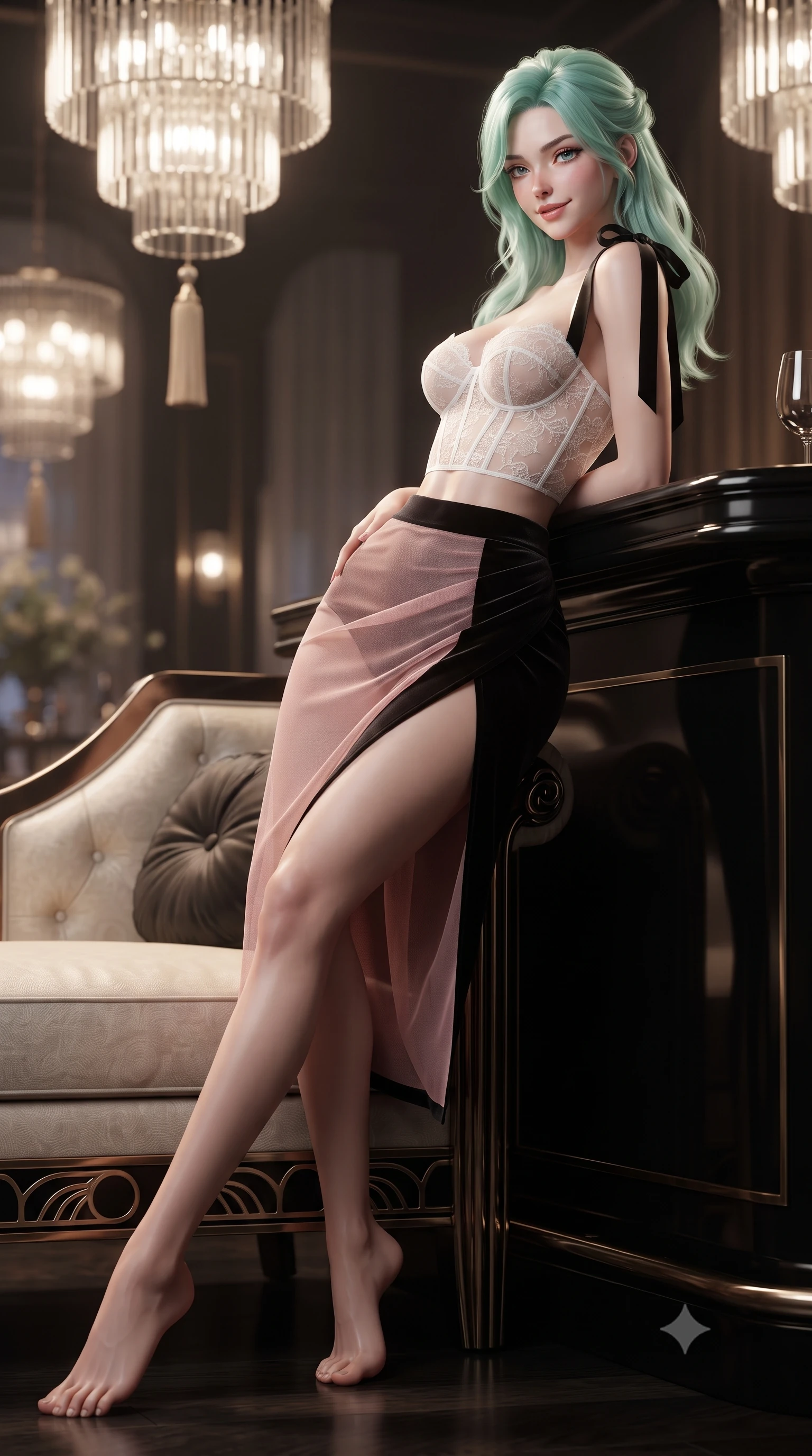 score_9, masterpiece, best quality, ultra-detailed, high-budget anime keyframe, editorial fashion photography, tasteful artistic composition, Japanese woman. low angle full-body shot from head to toe showing her feet, filling the entire 9:16 vertical frame with her statuesque presence, stretching her vertical silhouette. lounging on the lavish daybed with legs crossed and hips angled toward the camera, displaying her toned midriff and long slender limbs with effortless siren poise while leaning against the black lacquered Art Deco bar counter with hips cocked back, looking over a bare shoulder with an intoxicating smoldering bedroom-gaze. The background shows a soft-focus vintage geometric crystal chandeliers and silk tassels softened in 1920s Shanghai jazz age nocturne shallow focus. She has an exceptionally tall and slender model-like 8.5-heads proportion, an ultra-slim waist, a flat toned midriff, narrow delicate ribcage, and beautifully sculpted feminine hips creating a graceful, slim hourglass silhouette without any bulky heaviness, with impossibly long slender legs. sharp v-shaped jawline, high-bridge nose, intricate jewel-like sparkling eyes with depth, thick eyelashes, glossy parted lips with a natural peach sheen, bright cheerful beaming smile with an enchanting and coquettish sensual glint, exuding both youthful cute charm and seductive allure, flawlessly proportioned anatomical accuracy, strict slender model proportions, natural body alignment, perfectly sculpted long slender limbs, ultra-slim waistline, clean dynamic posture without body distortion. wearing a sculpted underwire corset in sheer frost-white Chantilly lace paired with a high-waisted sheer mesh pencil skirt with back slit in Kyoto moonlit sakura blush and polished urushi black, tailored from ultra-plush silk velvet with rich tactile depth and deep shadow gradients, finished with satin ribbon ties at the shoulders fluttering in the gentle breeze, the high-slit wrap tailoring accentuating her ultra-slim waistline and the enchanting curve of her feminine hips with alluring seductive charm. illuminated by river reflection bounce and sharp platinum-gold rim lights sculpting her razor-sharp jawline, narrow waist, and curvy hips. ultra-reflective glossy finish, specular highlights, rich textural contrasts, high-contrast stereoscopic depth, volumetric dynamic lighting, 2k, ultra detail, master piece, 9:16 ratio
