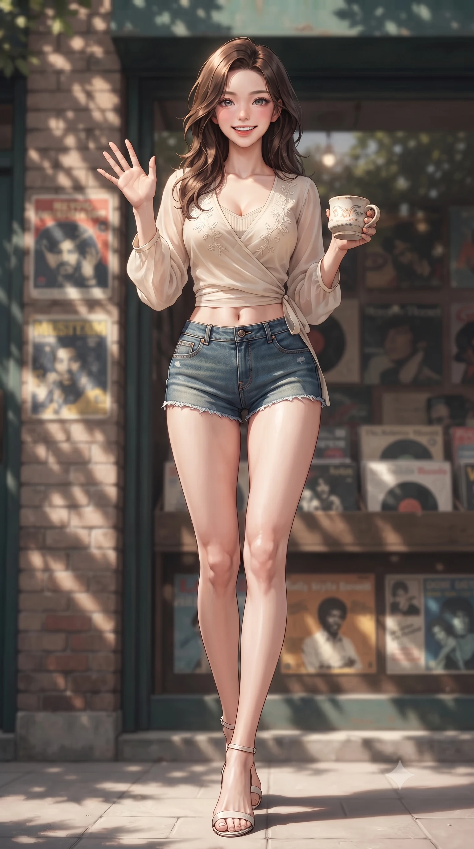 score_9, masterpiece, best quality, ultra-detailed, high-budget anime keyframe, editorial fashion photography, tasteful artistic composition, Korean woman. low angle full-body shot from head to toe showing her feet, filling the entire 9:16 vertical frame with her statuesque presence, stretching her vertical silhouette. stepping forward with a bright, cheerful smile, waving happily at the viewer set against a soft-focus background of in front of a vintage vinyl record shop with retro music posters in the window holding a delicate handmade ceramic mug with a warm grin. She has an absolutely perfect, statuesque 8.5-heads proportion, an exceptionally tall and slender model-like female figure with impossibly long slender legs and an ultra-slim waist. sharp v-shaped jawline, high-bridge nose, intricate jewel-like eyes with depth, thick eyelashes, glossy lips with a natural sheen. wearing body-hugging sheer chiffon wrap top in cream, worn over a slim-fit knit bralette and low-cut shorts. dappled sunlight casting soft leaf shadows on the shop walls and her skin. ultra-reflective glossy finish, specular highlights, metallic sheen, high-contrast stereoscopic depth, volumetric dynamic lighting, 2k, ultra detail, master piece, 9:16 ratio