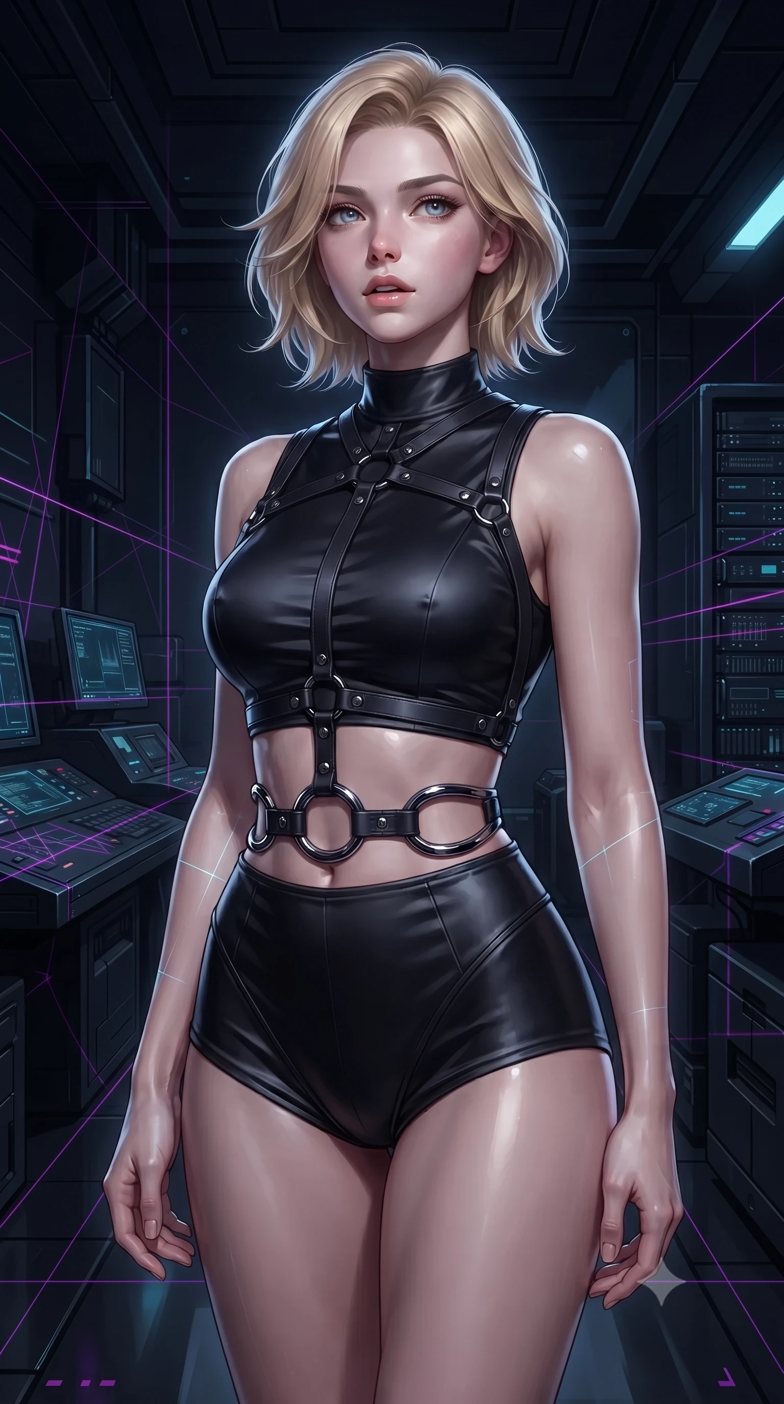 score_9, masterpiece, best quality, ultra-detailed, high-budget anime keyframe, editorial fashion photography, tasteful artistic composition, Caucasian woman. close-up cowboy shot from the waist and thighs up, the character dominates the composition, filling the frame with her large presence, background elements kept in soft focus. Tilting her chin up slightly with lips parted in a composed, mysterious expression, navigating a dark high-tech research bay lined with dark titanium equipment, laser grid lines casting sharp dark violet and cyan geometric patterns. She has an exceptionally elegant, slender, and willowy female figure with an ultra-slim waist, a gracefully sculpted slender torso, and a refined silhouette. sharp v-shaped jawline, high-bridge nose, intricate jewel-like eyes with depth, thick eyelashes, glossy lips with a natural sheen. wearing high-cut micro-shorts and crop top set with dark leather harness in pitch-black onyx, made of soft dark satin, accented with sculpted obsidian chrome rings at the waist, highlighting her statuesque proportions and ultra-slim waistline. surrounded by a cool cybernetic aura with intense edge lighting. ultra-reflective glossy finish, specular highlights, metallic sheen, high-contrast stereoscopic depth, volumetric dynamic lighting, 2k, ultra detail, master piece, 9:16 ratio