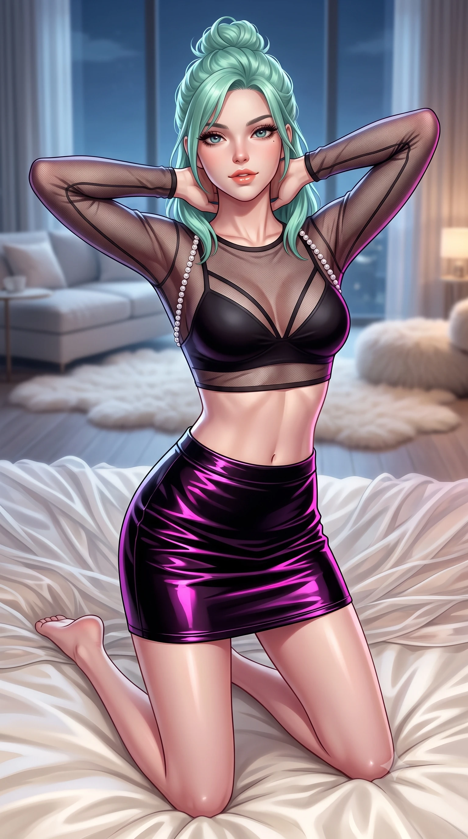 score_9, masterpiece, best quality, ultra-detailed, high-budget anime keyframe, semi-realistic 3D game render, editorial fashion photography, tasteful artistic composition, Japanese woman. close-up cowboy shot from the waist and thighs up, the character dominates the composition, filling the frame with her large presence. resting both hands lightly behind her neck with elbows raised, arching her spine to highlight her narrow waist, flat midriff, and breathtaking collarbones while kneeling gracefully on the plush ivory silk duvet beneath cascading sheer drapes, arching her lower back with breathless bedroom-allure. The background shows a soft-focus minimalist designer furniture and plush sheepskin rugs softened in serene high-rise boudoir shallow focus. She has an exceptionally elegant, slender, and willowy female figure with an ultra-slim waist, flat toned midriff, narrow ribcage, and sculpted feminine hips creating an alluring, slim hourglass silhouette without bulk. sharp v-shaped jawline, high-bridge nose, sparkling eyes with hypnotic seductive depth, thick curled eyelashes, glossy parted lips with a natural dewy peach sheen, alluring bedroom-eyes with an enchanting coquettish smile, exuding magnetic siren charisma and sophisticated high-fashion glamour, flawlessly proportioned anatomical accuracy, strict slender model proportions, natural body alignment, perfectly sculpted long slender limbs, ultra-slim waistline, clean dynamic posture without body distortion. wearing a sheer mesh long-sleeve crop top over an opaque strappy micro-bralette and a sleek leatherette mini skirt in wet-look onyx black with electric magenta reflections, made of semi-opaque stretch illusion mesh with soft shadowy contours, accented with a pearl-drop body harness subtly framing her dewy collarbones and spine, the glove-like clinging cut tightly following the natural contour of her hips and long slender legs with youthful 8.5-heads elegance. bathed in cool moonlight streaming through floor-to-ceiling glass mixed with soft bedside incandescent warmth. highly saturated vibrant anime colors, detailed shading with soft gradients, rich glossy textures, high-contrast stereoscopic depth, volumetric dynamic lighting, master piece, 9:16 ratio