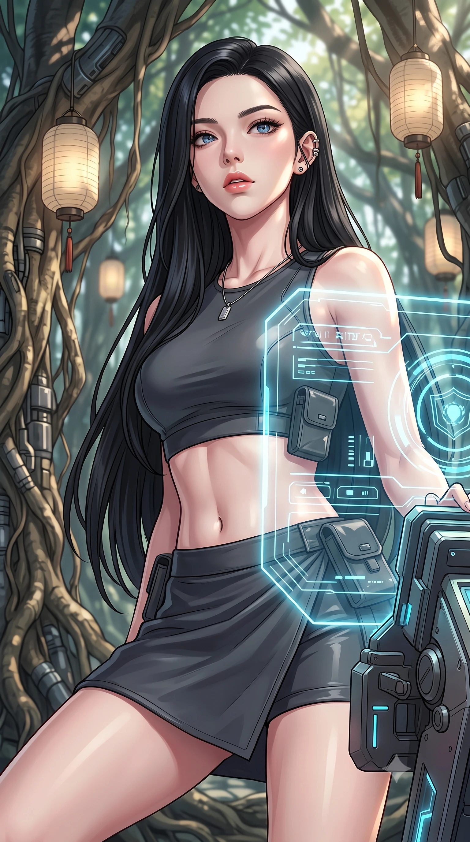 score_9, masterpiece, best quality, ultra-detailed, high-budget anime keyframe, editorial fashion photography, tasteful artistic composition, Korean woman. close-up cowboy shot from the waist and thighs up, the character dominates the composition, filling the frame with her large presence, background elements kept in soft focus. crouching slightly behind a glowing holographic shield emitter, looking up with defiance and lips slightly parted, the background shows a soft-focus a banyan tree corridor with paper lanterns hanging from thick cyber-roots. She has an exceptionally elegant, slender, and willowy female figure with an ultra-slim waist, a gracefully sculpted slender torso, and a refined silhouette. sharp v-shaped jawline, high-bridge nose, intricate jewel-like eyes with depth, thick eyelashes, glossy lips with a natural sheen. wearing a body-hugging summer-combat crop top and wrap skirt set in carbon-grey, showing her delicately sculpted midriff. crisp morning sunlight casting sharp, clean shadows across the paper lanterns. highly saturated vibrant anime colors, detailed shading with soft gradients, rich glossy textures, high-contrast stereoscopic depth, volumetric dynamic lighting, master piece, 9:16 ratio