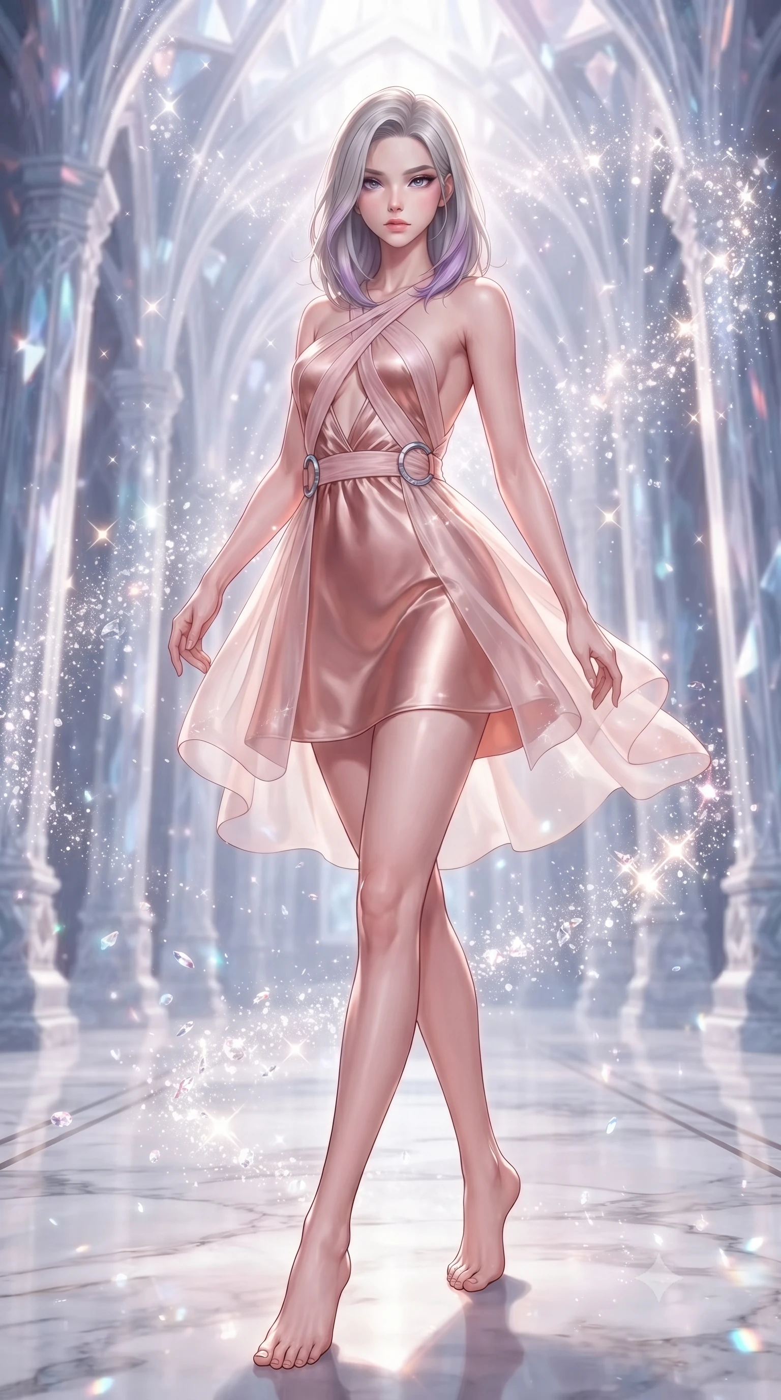 score_9, masterpiece, best quality, ultra-detailed, high-budget anime keyframe, editorial fashion photography, tasteful artistic composition, Caucasian woman. low angle full-body shot from head to toe showing her feet, filling the entire 9:16 vertical frame with her statuesque presence, stretching her vertical silhouette. stepping gracefully through the radiant environment, stretching her statuesque silhouette, resting amidst a storm of suspended diamond dust glitter, high-contrast specular highlights dancing on crystal facet edges. She has an absolutely perfect, statuesque 8.5-heads proportion, an exceptionally tall and slender model-like female figure with impossibly long slender legs and an ultra-slim waist. sharp v-shaped jawline, high-bridge nose, intricate jewel-like eyes with depth, thick eyelashes, glossy lips with a natural sheen. wearing dramatically scooped backless rose-gold satin mini dress with criss-cross straps in soft blush pink, made of sheer opal chiffon overlay, accented with sculpted opal chrome rings at the waist, sculpting her athletic slender build with refined precision. surrounded by a sparkling diamond dust rim light aura. highly saturated vibrant anime colors, detailed shading with soft gradients, rich glossy textures, high-contrast stereoscopic depth, volumetric dynamic lighting, master piece, 9:16 ratio