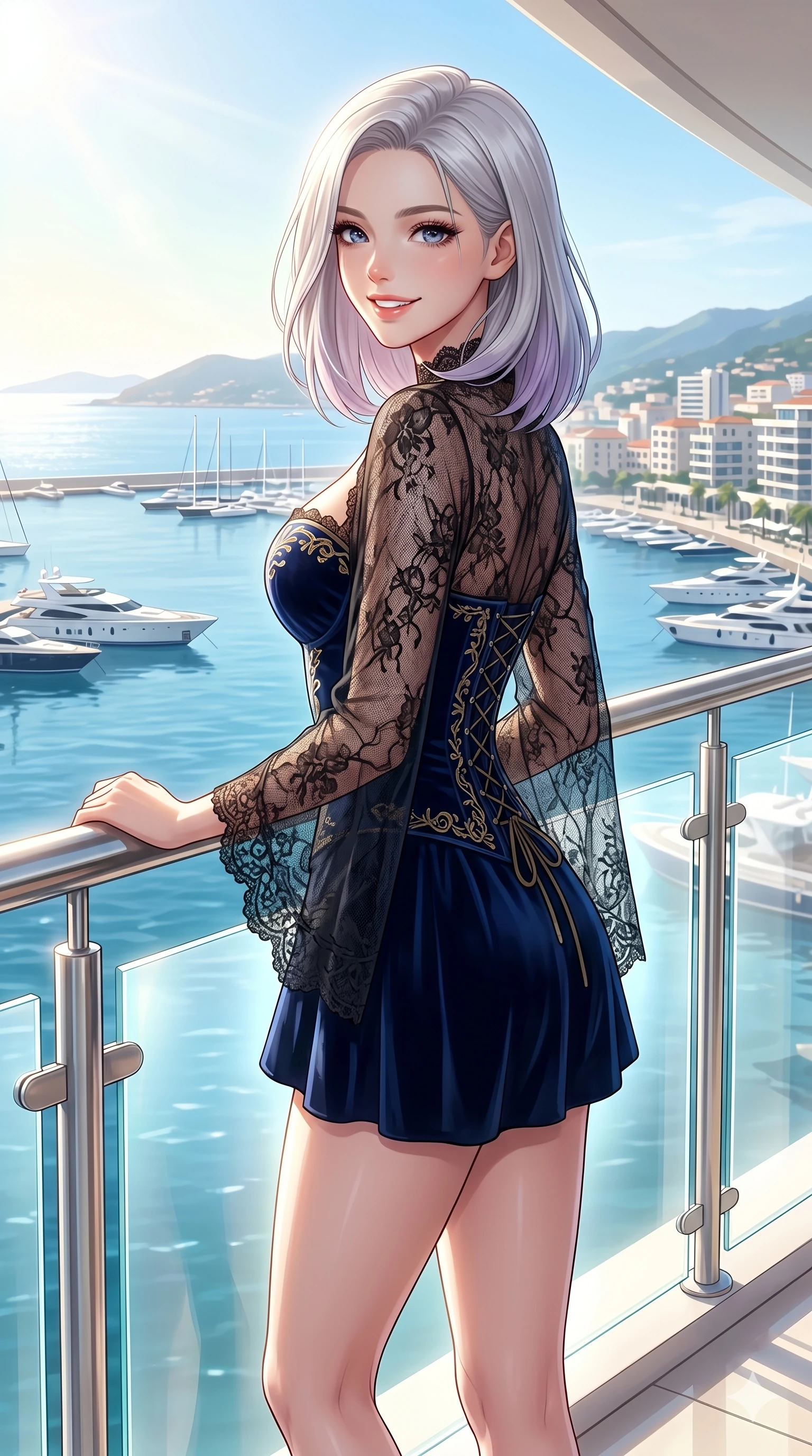 score_9, masterpiece, best quality, ultra-detailed, high-budget anime keyframe, vibrant anime aesthetic, Caucasian woman, strictly human ears. cowboy shot from the thighs up, character and outfit filling the frame for maximum presence. She is standing tall, looking over her shoulder with a radiant, smiling expression on a hotel balcony overlooking a sunny harbor (Code-P20-170). She has an absolutely perfect 8-heads proportion, an exceptionally tall and slender female figure with impossibly long slender legs and an ultra-slim waist. V-shaped jawline, high-bridge nose, intricate jewel-like eyes with depth, thick eyelashes, glossy lips with a natural sheen. wearing a dark velvet corset combined with a sheer lace shawl. She is bathed in bright morning sun reflecting off the glass panels, creating a glowing aura. 2k, ultra detail, master piece, 9:16 ratio