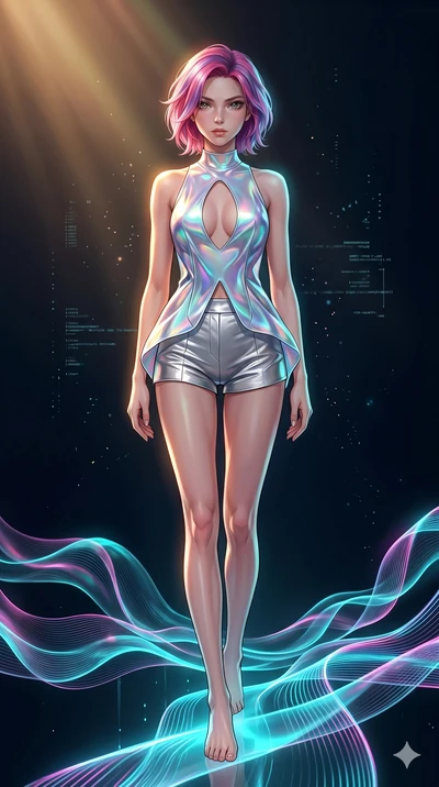 score_9, masterpiece, best quality, ultra-detailed, high-budget anime keyframe, Japanese woman. low angle full-body shot filling the entire 9:16 frame with her statuesque presence, stretching the vertical silhouette. stepping on holographic fluid rib