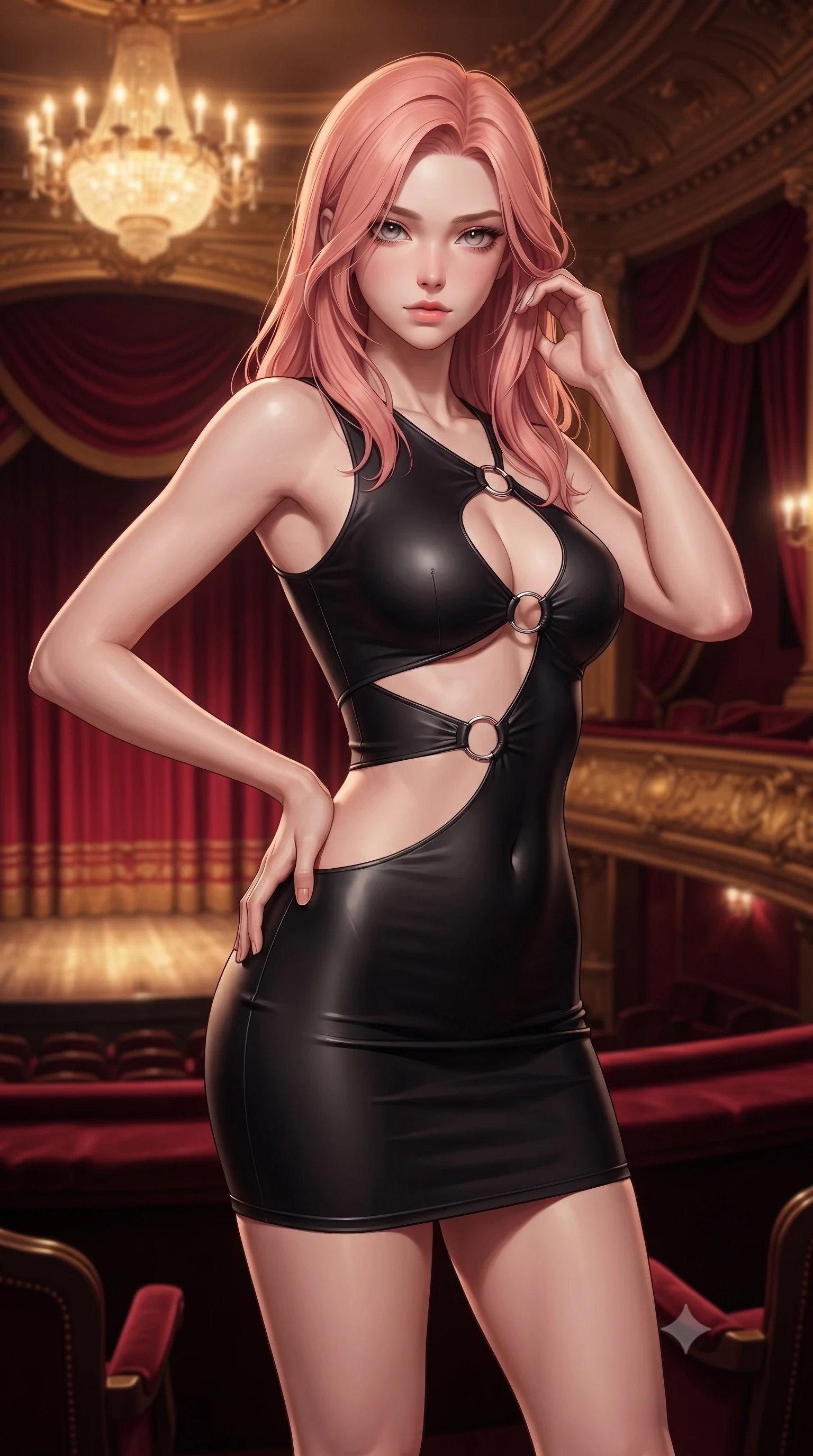 score_9, masterpiece, best quality, ultra-detailed, high-budget anime keyframe, editorial fashion photography, tasteful artistic composition, Japanese woman woman. close-up cowboy shot from the waist and thighs up, the character dominates the composition, filling the frame with her large presence, background elements kept in soft focus. She has an exceptionally elegant, slender, and willowy female figure with an ultra-slim waist, a gracefully sculpted slender torso, and a refined silhouette. casting a slow, direct gaze beneath heavy lashes with magnetic intensity, flawlessly proportioned anatomical accuracy, natural body alignment, perfectly sculpted elegant limbs, clean dynamic posture without body distortion. set against a soft-focus background of a VIP theater box suite draped in red silk velvet and gold trim. wearing an asymmetric cut-out mini dress in matte black latex with silver ring accents. bathed in warm golden chandelier light from the grand theater stage below. ultra-reflective glossy finish, specular highlights, metallic sheen, high-contrast stereoscopic depth, volumetric dynamic lighting, 2k, ultra detail, master piece, 9:16 ratio
