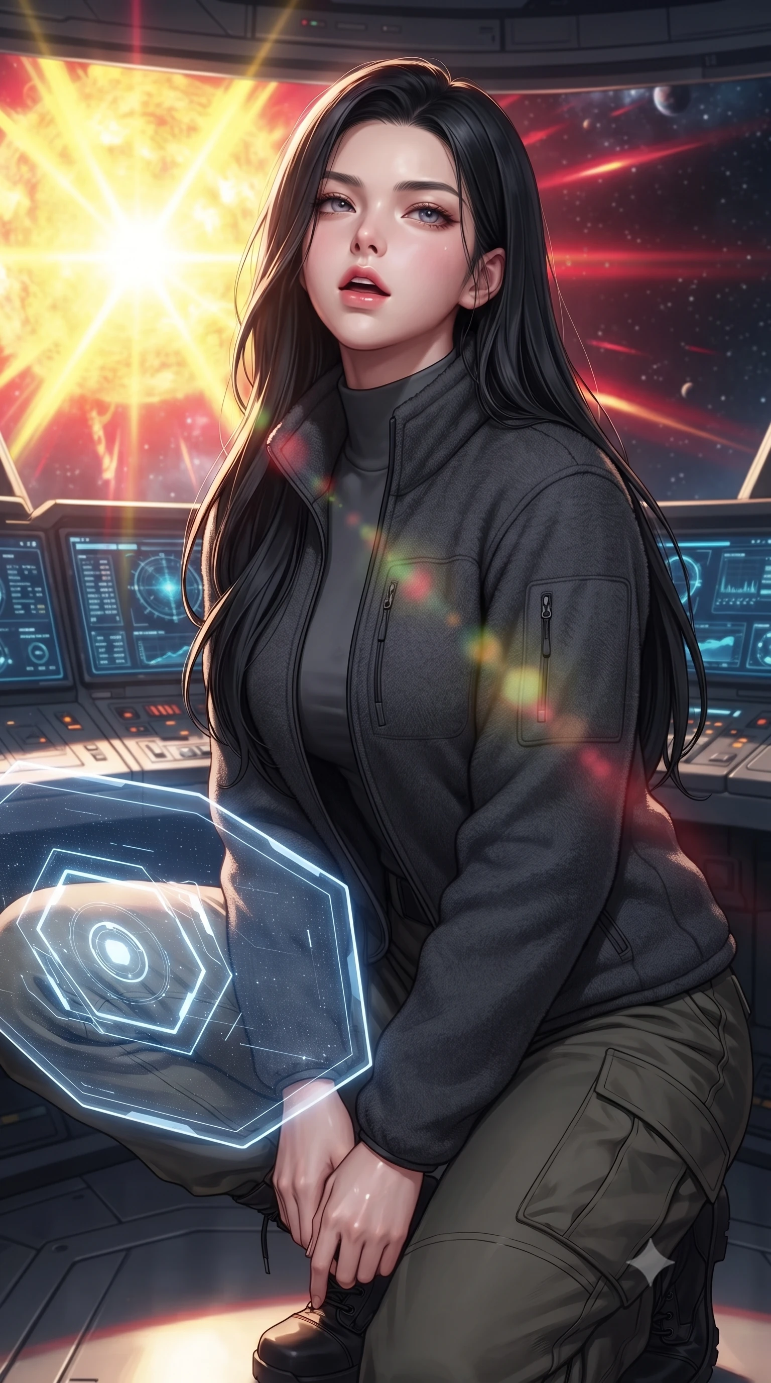 score_9, masterpiece, best quality, ultra-detailed, high-budget anime keyframe, editorial fashion photography, tasteful artistic composition, Korean woman. close-up cowboy shot from the waist and thighs up, the character dominates the composition, filling the frame with her large presence, background elements kept in soft focus. crouching slightly behind a glowing holographic shield emitter, looking up with defiance and lips slightly parted, the background shows a soft-focus a high-tech pilot cockpit facing a blinding solar storm in orbit. She has an exceptionally elegant, slender, and willowy female figure with an ultra-slim waist, a gracefully sculpted slender torso, and a refined silhouette. sharp v-shaped jawline, high-bridge nose, intricate jewel-like eyes with depth, thick eyelashes, glossy lips with a natural sheen. wearing a body-hugging comfortable charcoal fleece flight jacket over a protective high-neck undershirt and utility cargo pants. intense yellow and crimson light flares from the sun casting dynamic reflections. ultra-reflective glossy finish, specular highlights, metallic sheen, high-contrast stereoscopic depth, volumetric dynamic lighting, 2k, ultra detail, master piece, 9:16 ratio