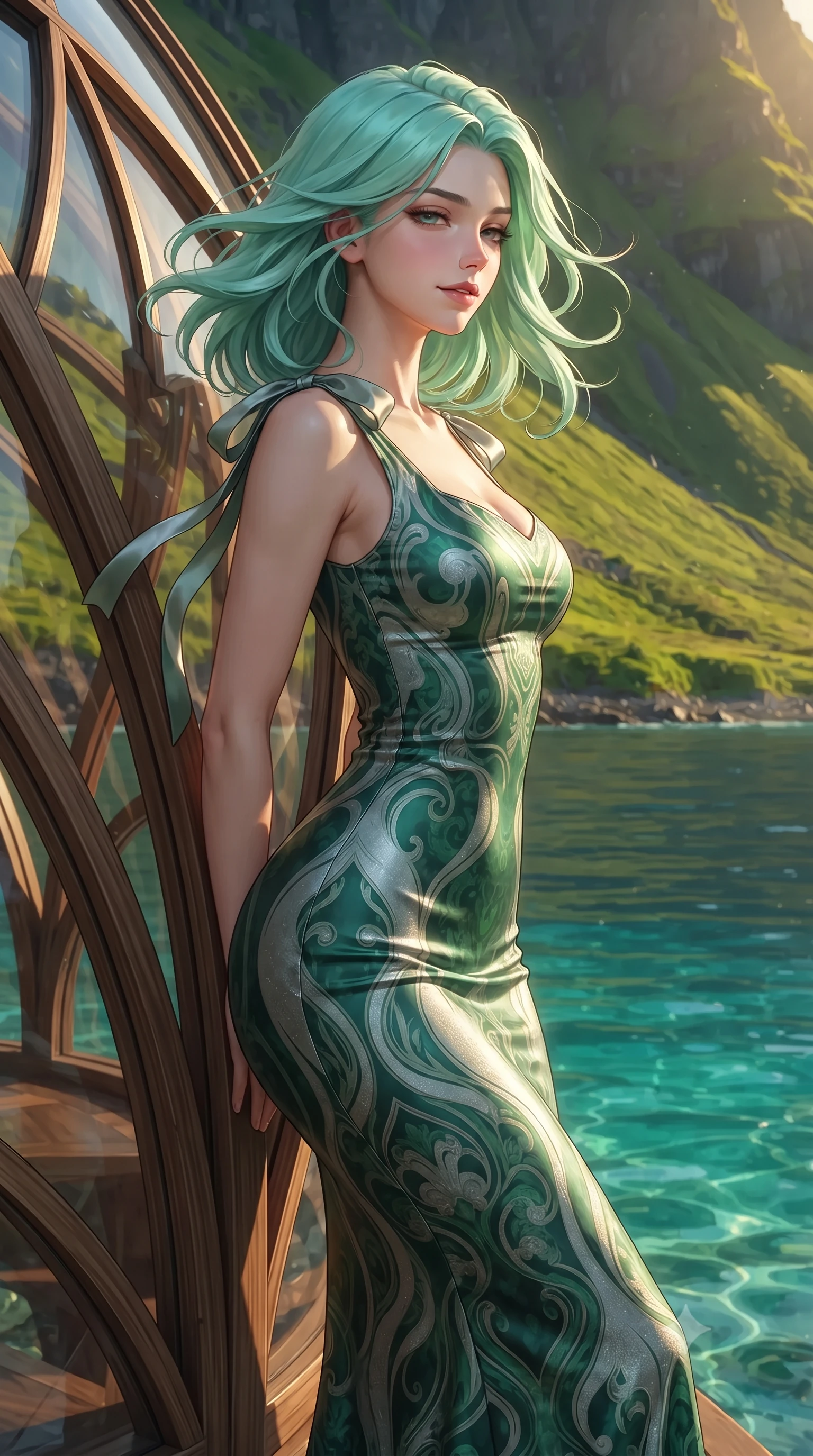 score_9, masterpiece, best quality, ultra-detailed, high-budget anime keyframe, editorial fashion photography, tasteful artistic composition, Japanese woman. close-up cowboy shot from the waist and thighs up, the character dominates the composition, filling the frame with her large presence. turning slowly with an enchanting smoldering smile, her glossy hair tossing in the breeze as her hips angle gracefully in a captivating contrapposto while leaning against the curved dome strut with hips cocked back, looking across the Caribbean-like turquoise Arctic water toward steep green slopes with heavy-lidded bedroom-eyes. The surrounding environment is rendered in vivid detail and crisp panoramic clarity: detailed outfit texture, bodycon cling, and eco-luxury architectural craft in razor-sharp precision. She has an exceptionally elegant, slender, and willowy female figure with an ultra-slim waist, flat toned midriff, narrow ribcage, and sculpted feminine hips creating an alluring, slim hourglass silhouette without bulk. sharp v-shaped jawline, high-bridge nose, intricate jewel-like sparkling eyes with depth, thick eyelashes, glossy parted lips with a natural peach sheen, bright cheerful beaming smile with an enchanting and coquettish sensual glint, exuding both youthful cute charm and seductive allure, flawlessly proportioned anatomical accuracy, strict slender model proportions, natural body alignment, perfectly sculpted long slender limbs, ultra-slim waistline, clean dynamic posture without body distortion. wearing a form-fitting Scottish Highlands liquid silk jersey evening dress clinging smoothly to her narrow waist and rounded hips in Art Nouveau malachite green and antique starlight silver, made of fluid liquid jersey with seamless sculpting hold and smooth contours, finished with satin ribbon ties at the shoulders fluttering in the gentle breeze, the glove-like clinging cut tightly following the natural contour of her hips and long slender legs with youthful 8.5-heads elegance. bathed in low-angle golden 2900K midnight sun light mixed with turquoise water caustics bounce. ultra-reflective glossy finish, specular highlights, rich textural contrasts, high-contrast stereoscopic depth, volumetric dynamic lighting, 2k, ultra detail, master piece, 9:16 ratio