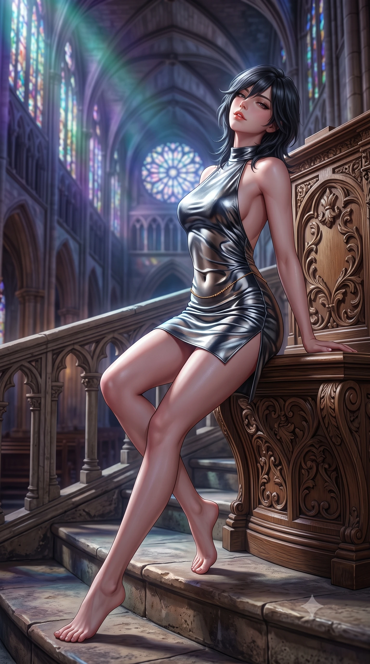 score_9, masterpiece, best quality, ultra-detailed, high-budget anime keyframe, semi-realistic 3D game render, editorial fashion photography, tasteful artistic composition, Caucasian woman. low angle full-body shot from head to toe showing her feet, filling the entire 9:16 vertical frame with her statuesque presence, stretching her vertical silhouette. sitting poised on the stone steps with one knee bent, arching her spine with supermodel elegance as she glances upward through thick eyelashes while leaning against the carved oak console with hips cocked back, looking down into the vast empty nave with smoldering bedroom-eyes. The background shows a soft-focus carved gallery balustrades softened in sacred gothic cathedral shallow focus. She has an absolutely perfect, statuesque 8.5-heads proportion, an exceptionally tall and slender model-like female figure with impossibly long slender legs, an ultra-slim waist, a flat toned midriff, narrow delicate ribcage, and beautifully sculpted feminine hips creating a graceful, slim hourglass silhouette without any bulky heaviness. sharp v-shaped jawline, high-bridge nose, sparkling eyes with hypnotic seductive depth, thick curled eyelashes, glossy parted lips with a natural dewy peach sheen, alluring bedroom-eyes with an enchanting coquettish smile, exuding magnetic siren charisma and sophisticated glamour, flawlessly proportioned anatomical accuracy, strict slender model proportions, natural body alignment, perfectly sculpted long slender limbs, ultra-slim waistline, clean dynamic posture without body distortion. wearing a slinky backless halterneck column mini dress clinging like a second skin with deep geometric side slits in molten liquid silver and midnight charcoal with platinum highlights, woven from buttery-soft stretch lambskin leather adhering to her body like a second skin, accented with a dainty gold belly chain resting across her flat midriff and curving hips, the form-contouring silhouette accentuating her sculpted flat midriff, narrow delicate ribcage, and gracefully curvy hips with intoxicating allure. bathed in ethereal jewel-toned moonlight filtering through the colossal stained-glass rose window. highly saturated vibrant anime colors, detailed shading with soft gradients, rich glossy textures, high-contrast stereoscopic depth, volumetric dynamic lighting, master piece, 9:16 ratio