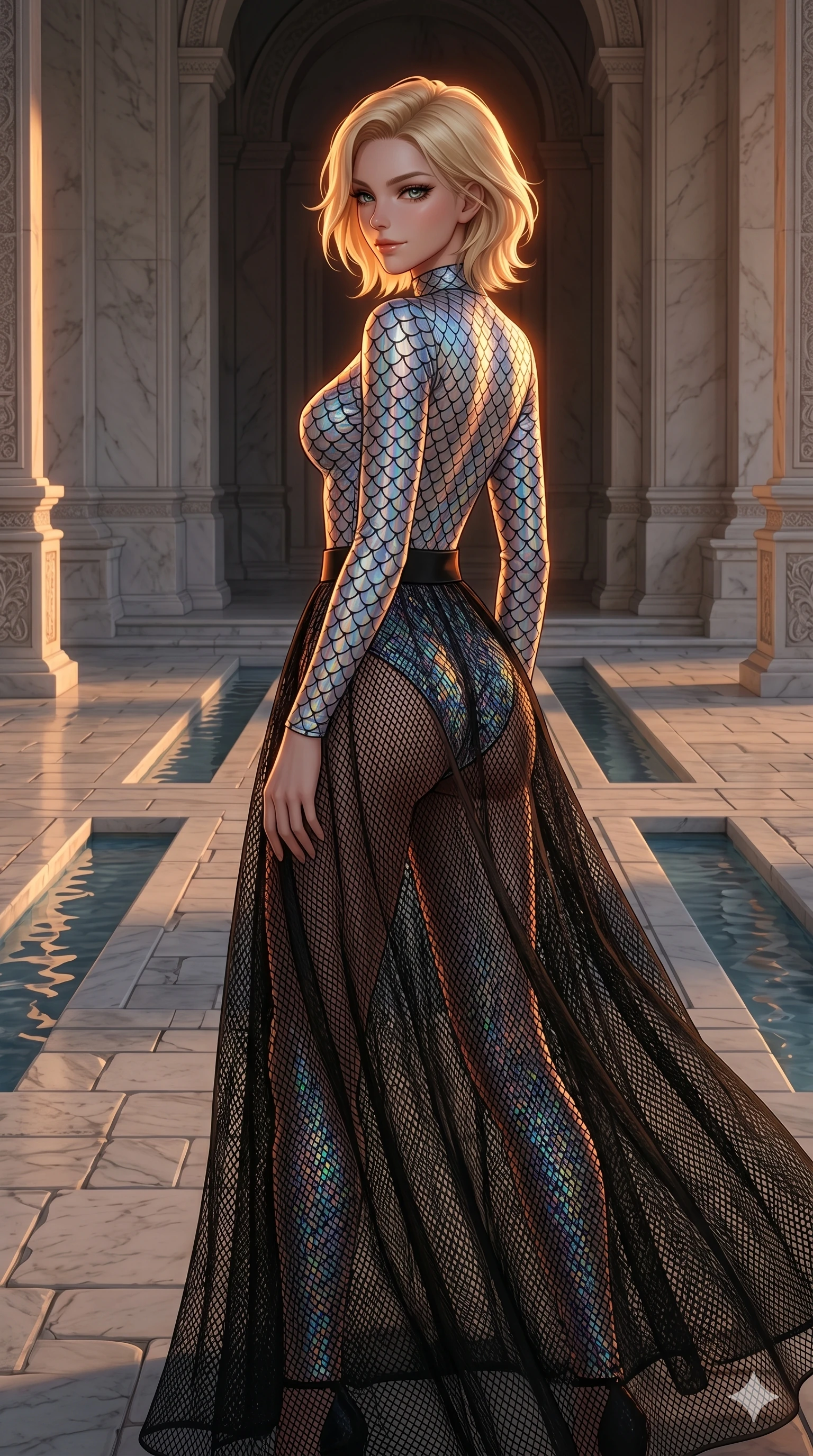 score_9, masterpiece, best quality, ultra-detailed, high-budget anime keyframe, editorial fashion photography, tasteful artistic composition, Caucasian woman, strictly human ears. cowboy shot from the thighs up, character and outfit filling the frame for maximum editorial presence. Glancing sidelong over her shoulder with a smoldering half-smile inside a palace of polished white stone with water channels flowing along the floors. She has an absolutely perfect 8-heads proportion, an exceptionally tall and slender female figure with impossibly long slender legs and an ultra-slim waist. V-shaped jawline, high-bridge nose, intricate jewel-like eyes with depth, thick eyelashes, glossy lips with a natural sheen. wearing a long-sleeve holographic bodysuit with a scale pattern, worn under a long black mesh skirt with a high-waist waistband. drenched in warm amber cinematic rim lighting that traces every contour of her silhouette against a dark background. 2k, ultra detail, master piece, 9:16 ratio