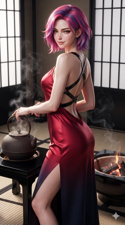 score_9, masterpiece, best quality, ultra-detailed, high-budget anime keyframe, editorial fashion photography, tasteful artistic composition, Caucasian woman. close-up cowboy shot from the waist and thighs up, the character dominates the composition,