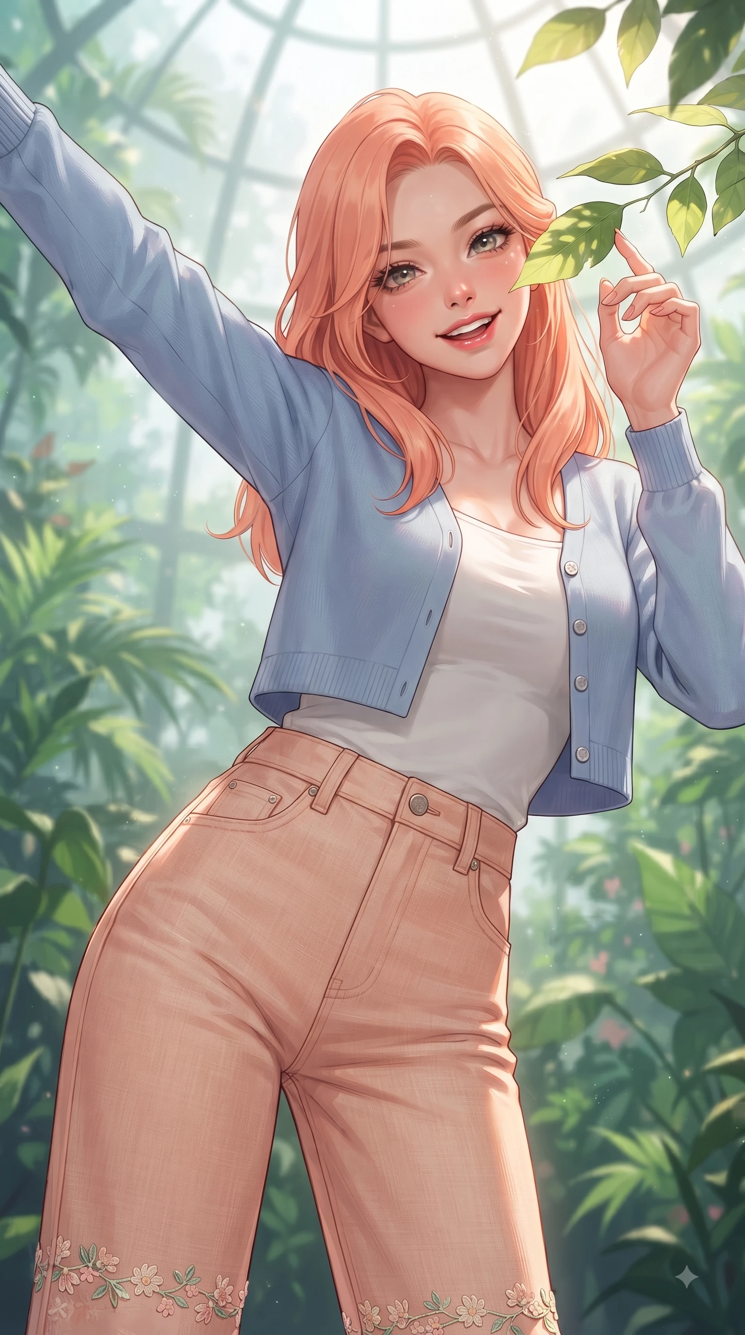 score_9, masterpiece, best quality, ultra-detailed, high-budget anime keyframe, editorial fashion photography, tasteful artistic composition, Japanese woman. close-up cowboy shot from the waist and thighs up, the character dominates the composition, filling the frame with her large presence. Extending one arm in an elegant stretch toward the light while smiling with vibrant, youthful self-assurance while reaching out playfully to touch a sun-lit green leaf while smiling with sparkling eyes into the lens. The composition keeps background elements in soft focus with dreamy bokeh. lush tropical foliage and misty glass dome panes blurred into a dreamy emerald background bokeh. She has an exceptionally elegant, slender, and willowy female figure with an ultra-slim waist, a gracefully sculpted slender torso, and a refined silhouette. sharp v-shaped jawline, high-bridge nose, intricate jewel-like eyes with depth, thick eyelashes, glossy lips with a natural sheen, flawlessly proportioned anatomical accuracy, natural body alignment, perfectly sculpted elegant limbs, clean dynamic posture without body distortion. wearing a casual chic pastel blue cropped cardigan with high-rise straight-leg denim jeans in peach blossom pink and warm oatmeal, crafted from soft breathable linen, complemented by delicate embroidered floral trim along the hem, the tailored casual silhouette highlighting her fresh and youthful presence. illuminated by fresh botanical sunbeams casting delicate leaf patterns. ultra-reflective glossy finish, specular highlights, metallic sheen, high-contrast stereoscopic depth, volumetric dynamic lighting, 2k, ultra detail, master piece, 9:16 ratio