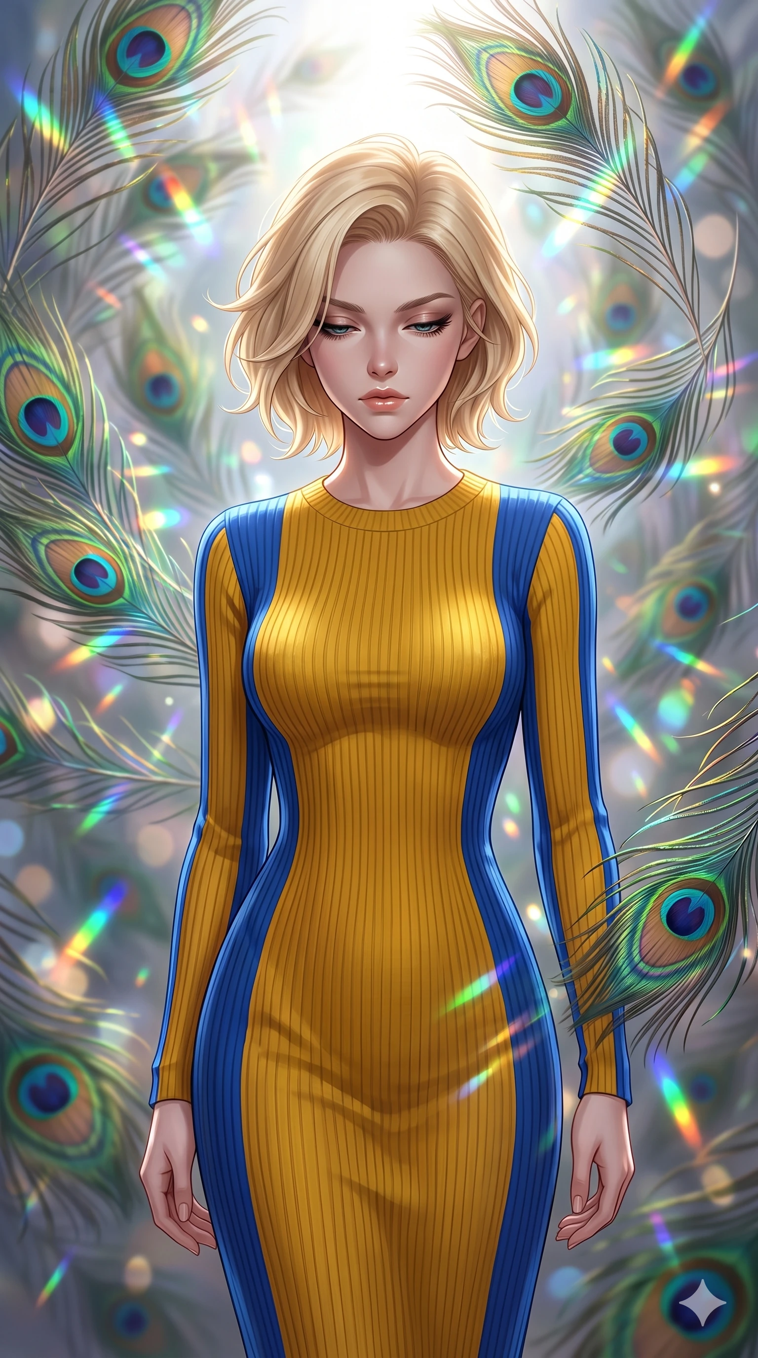 score_9, masterpiece, best quality, ultra-detailed, high-budget anime keyframe, editorial fashion photography, tasteful artistic composition, Caucasian woman, strictly human ears. close-up cowboy shot from the waist and thighs up, the character dominates the composition, filling the frame with her large presence, background elements kept in soft focus. Looking down with lowered lashes and a composed powerful expression. set against a soft-focus background of caught in a magnificent storm of thousands of iridescent peacock feathers that catch and scatter light into rainbow fractals as they swirl in complex spiraling patterns through the air. She has an exceptionally elegant and slender, willowy female figure with an ultra-slim waist, a gracefully sculpted slender torso, and a refined slim physique. sharp v-shaped jawline, high-bridge nose, intricate jewel-like eyes with depth, thick eyelashes, glossy lips with a natural sheen. wearing a body-hugging ribbed knit dress in a striking mustard yellow and royal blue colorway, sculpting her slender proportions with sophisticated restraint. brilliant white key light from above refracting through the iridescent feather barbs into a dazzling display of emerald blue gold and violet scattered light. 2k, ultra detail, master piece, 9:16 ratio