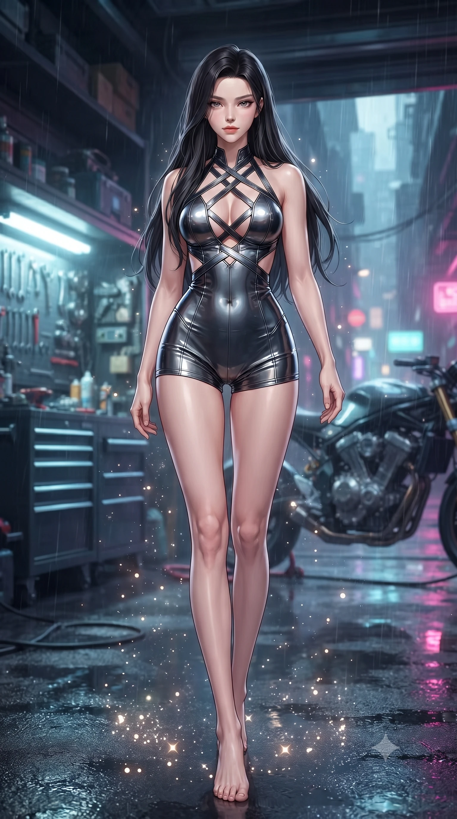 score_9, masterpiece, best quality, ultra-detailed, high-budget anime keyframe, editorial fashion photography, tasteful artistic composition, Korean woman. low angle full-body shot from head to toe showing her feet, filling the entire 9:16 vertical frame with her statuesque presence, stretching her vertical silhouette. stepping gracefully through floating stardust particles, her body-contouring suit showing her athletic, slender silhouette, the background shows a soft-focus a high-tech motorcycle garage open to a rain-drenched cyberpunk street. She has an absolutely perfect, statuesque 8.5-heads proportion, an exceptionally tall and slender model-like female figure with impossibly long slender legs and an ultra-slim waist. sharp v-shaped jawline, high-bridge nose, intricate jewel-like eyes with depth, thick eyelashes, glossy lips with a natural sheen. wearing a body-hugging backless halter-neck combat top with criss-cross strapping, paired with carbon-alloy micro-shorts. bright halogen work lights casting sharp, detailed front illumination with deep shadows. ultra-reflective glossy finish, specular highlights, metallic sheen, high-contrast stereoscopic depth, volumetric dynamic lighting, 2k, ultra detail, master piece, 9:16 ratio