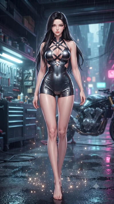 score_9, masterpiece, best quality, ultra-detailed, high-budget anime keyframe, editorial fashion photography, tasteful artistic composition, Korean woman. low angle full-body shot from head to toe showing her feet, filling the entire 9:16 vertical f