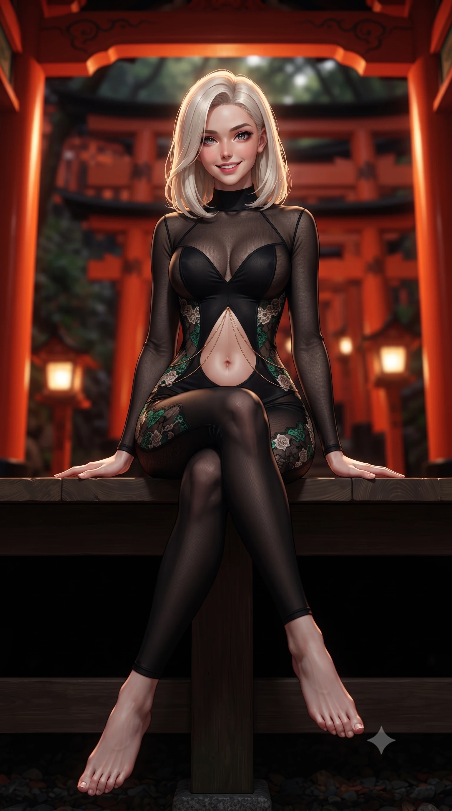 score_9, masterpiece, best quality, ultra-detailed, high-budget anime keyframe, editorial fashion photography, tasteful artistic composition, Caucasian woman. low angle full-body shot from head to toe showing her feet, filling the entire 9:16 vertical frame with her statuesque presence, stretching her vertical silhouette. sitting perched on the elevated pavilion terrace edge with legs crossed and hips angled toward the camera, displaying her toned midriff and long slender limbs with joyful, coquettish charm while pausing beneath an illuminated mountain shrine archway, her statuesque presence commanding the sacred vermilion tunnel. The background shows a soft-focus thousands of tightly packed vermilion torii gates curving up Mount Inari blurred into fiery scarlet, vermilion, and forest shadow bokeh. She has an absolutely perfect, statuesque 8.5-heads proportion, an exceptionally tall and slender model-like female figure with impossibly long slender legs, an ultra-slim waist, a flat toned midriff, narrow delicate ribcage, and beautifully sculpted feminine hips creating a graceful, slim hourglass silhouette without any bulky heaviness. sharp v-shaped jawline, high-bridge nose, intricate jewel-like dark sparkling almond eyes with depth, thick lashes, glossy parted lips with a natural rose-plum sheen, bright alluring and coquettish smile with bedroom-eyes, exuding both timeless oriental elegance and sovereign high-fashion allure, flawlessly proportioned anatomical accuracy, strict slender model proportions, natural body alignment, perfectly sculpted long slender limbs, ultra-slim waistline, clean dynamic posture without body distortion. wearing a second-skin black silk jersey catsuit with delicate oriental floral lace panels along the ribs and thighs in fresh bamboo emerald and soft oatmeal cream, made of sheer technical micro-mesh with contouring shadow effects, accented with a delicate gold body chain draping loosely across her flat midriff, the glove-like silhouette tightly following the natural contour of her hips and long slender legs with youthful 8.5-heads elegance. illuminated by low pathway lanterns and sharp ruby-gold rim lights defining her razor-sharp jawline, narrow waist, and curvy hips. ultra-reflective glossy finish, specular highlights, rich textural contrasts, high-contrast stereoscopic depth, volumetric dynamic lighting, 2k, ultra detail, master piece, 9:16 ratio