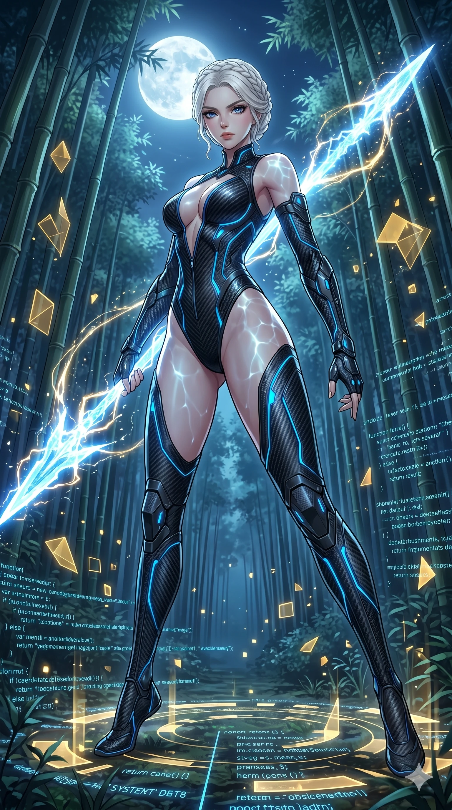 score_9, masterpiece, best quality, ultra-detailed, High-budget Anime Keyframe, vibrant colors, fluid line-art, expressive lighting, cinematic composition, Ufotable-style visual effects, top-tier animation quality, Caucasian woman with pale skin, blonde hair, and (strictly human ears). Dramatic low angle looking up at her majestic stature, dominating the vertical space of the composition. Training with a spear made of pure concentrated energy under the silver light of a full moon in a bamboo forest. She has an absolutely perfect 8-heads proportion, an exceptionally tall and slender female figure with impossibly long slender legs and an ultra-slim waist, her statuesque height and towering silhouette dominating the vertical 9:16 frame. Her face is a masterpiece featuring a sharp v-shaped jawline, high-bridge nose, intricate jewel-like eyes with depth, thick eyelashes, and glossy lips with a natural sheen. She is wearing a Asymmetrical high-cut tech-bodysuit with detached sleeves and glowing fiber-optic seams crafted from Carbon-fiber weave with a high-tech matte finish and integrated glowing filaments, unzipped deeply to reveal a daring glimpse of her chest and a high-cut leg line. The scene is set in an abstract digital void with floating golden geometric shapes and rivers of flowing code, illuminated by underwater caustic lighting with ripples of light dancing across her body. 2k, ultra detail, master piece, 9:16 ratio