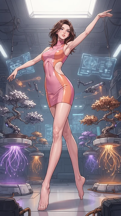 score_9, masterpiece, best quality, ultra-detailed, high-budget anime keyframe, gorgeous anime illustration, with clean line-art and distinct ink outlines, Korean woman. low angle full-body shot from head to toe showing her feet, filling the entire 9