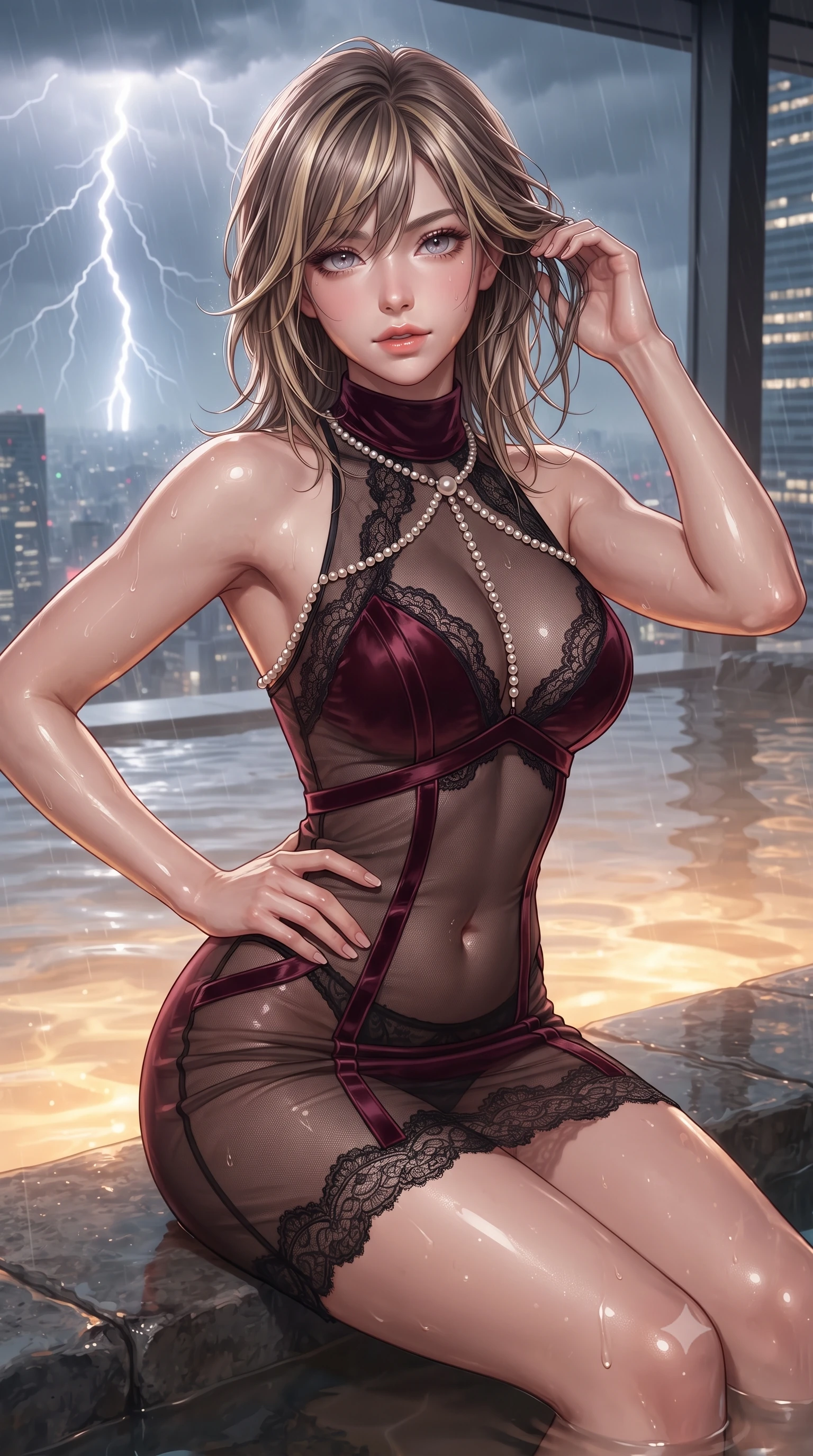 score_9, masterpiece, best quality, ultra-detailed, high-budget anime keyframe, editorial fashion photography, tasteful artistic composition, Japanese woman. close-up cowboy shot from the waist and thighs up, the character dominates the composition, filling the frame with her large presence. twisting her slender torso in an alluring contrapposto stance, one hand resting on her sculpted hip while her fingers toy with her hair with effortless poise while sitting on the submerged volcanic stone ledge of the 70th-floor open-air thermal bath, arching her spine with wet-look siren grace. The surrounding environment is rendered in vivid detail and crisp panoramic clarity: detailed wet-look high-cut monokini cling, gold waist chain shine, and mega-skyscraper cantilever engineering in high resolution. She has an exceptionally elegant, slender, and willowy female figure with an ultra-slim waist, flat toned midriff, narrow ribcage, and sculpted feminine hips creating an alluring, slim hourglass silhouette without bulk. sharp v-shaped jawline, high-bridge nose, sparkling eyes with hypnotic seductive depth, thick curled eyelashes, glossy parted lips with a natural dewy peach sheen, alluring bedroom-eyes with an enchanting coquettish smile, exuding magnetic siren charisma and sophisticated glamour, flawlessly proportioned anatomical accuracy, strict slender model proportions, natural body alignment, perfectly sculpted long slender limbs, ultra-slim waistline, clean dynamic posture without body distortion. wearing a provocative high-neck sheer illusion cocktail dress with liquid satin ribbons contouring her curves in deep bordeaux velvet and delicate black chantilly, woven from buttery-soft stretch lambskin leather adhering to her body like a second skin, accented with a pearl-drop body harness subtly framing her dewy collarbones and spine, the precision-cut side openings and low-back scoop framing her graceful spine and the sensual sweep of her slim, toned hips. bathed in warm underwater thermal tub illumination paired with sudden lightning flash strobes from the storm. ultra-reflective glossy finish, specular highlights, rich textural contrasts, high-contrast stereoscopic depth, volumetric dynamic lighting, 2k, ultra detail, master piece, 9:16 ratio