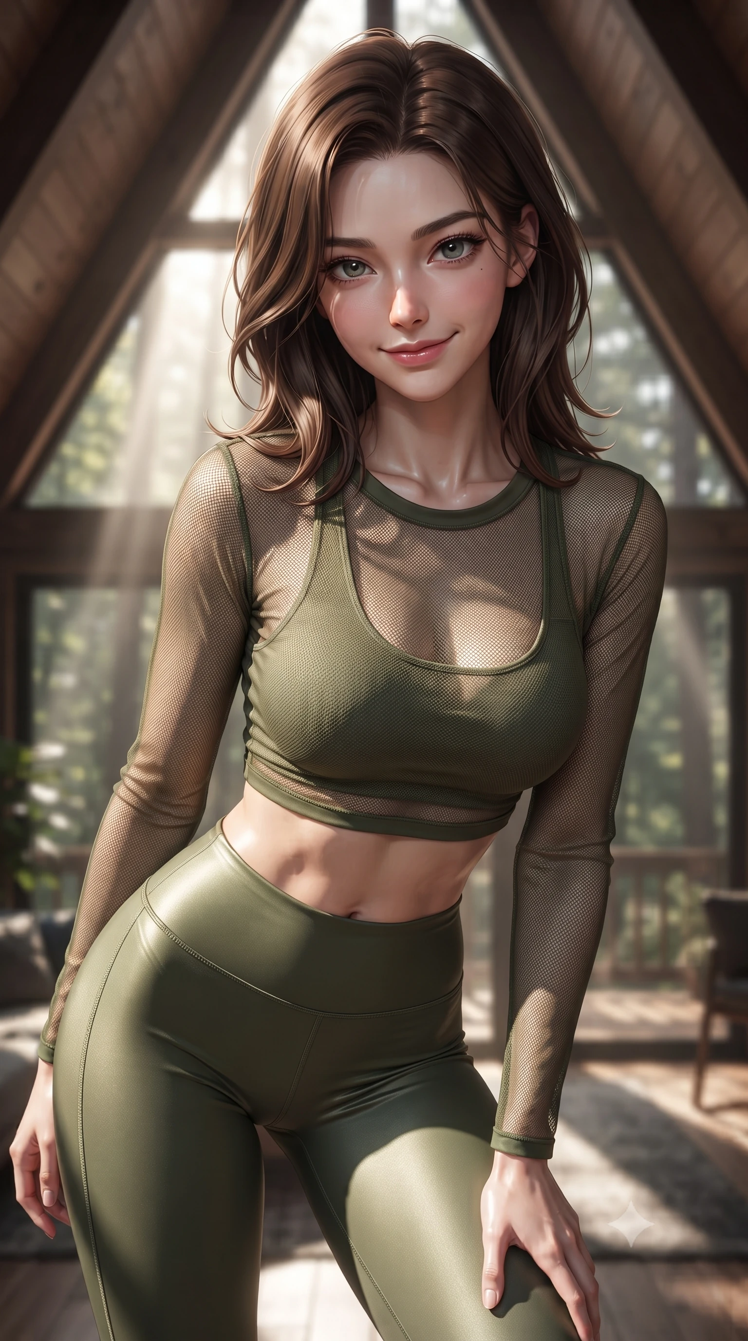 score_9, masterpiece, best quality, ultra-detailed, high-budget anime keyframe, editorial fashion photography, tasteful artistic composition, Korean woman. close-up cowboy shot from the waist and thighs up, the character dominates the composition, filling the frame with her large presence, background elements kept in soft focus. leaning slightly forward with a playful, teasing smile, her gaze locked onto the viewer the background shows a soft-focus the interior of an A-frame cabin cabin with large triangular windows showing forest. She has an exceptionally elegant, slender, and willowy female figure with an ultra-slim waist, a gracefully sculpted slender torso, and a refined silhouette. sharp v-shaped jawline, high-bridge nose, intricate jewel-like eyes with depth, thick eyelashes, glossy lips with a natural sheen. wearing a slim-fit sheer mesh long-sleeve crop top in olive green, worn over a matching sports bra and leggings. stark afternoon sunbeams slicing through a window, creating chiaroscuro shadows. ultra-reflective glossy finish, specular highlights, metallic sheen, high-contrast stereoscopic depth, volumetric dynamic lighting, 2k, ultra detail, master piece, 9:16 ratio
