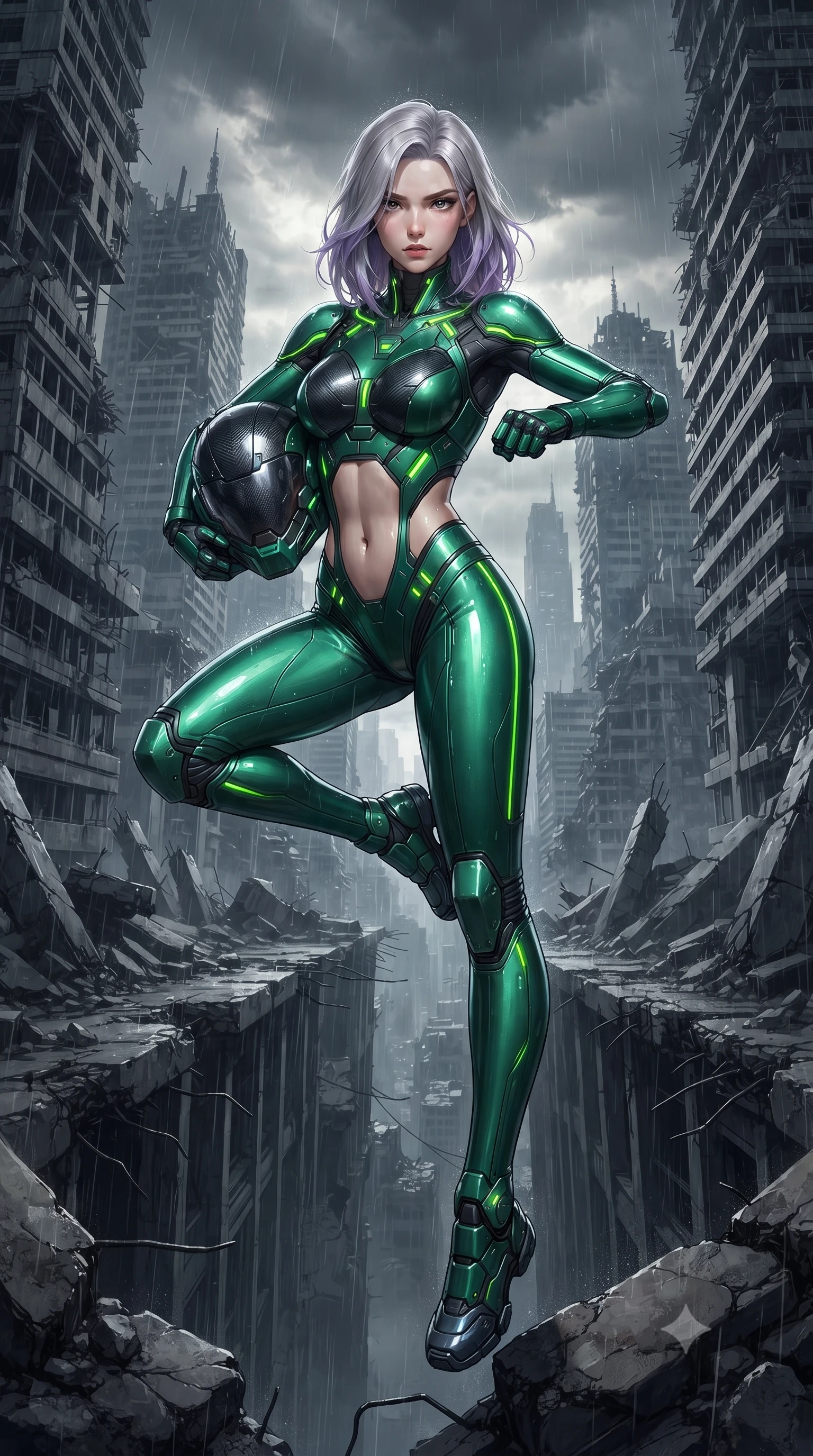 score_9, masterpiece, best quality, ultra-detailed, high-budget anime keyframe, editorial fashion photography, tasteful artistic composition, Caucasian woman. low angle full-body shot from head to toe showing her feet, filling the entire 9:16 vertical frame with her statuesque presence, stretching her vertical silhouette. pivoting dynamically in a high-speed low sweep kick along the cracked concrete, her athletic torso and ultra-slim waist twisting in a fluid arc of power while leaping across a gaping structural chasm between ruined towers with flawless, fearless kinetic martial grace. The surrounding environment is rendered in vivid detail and crisp panoramic clarity. high-contrast dystopian chiaroscuro and epic ruined metropolis architecture rendered with environmental precision. She has an absolutely perfect, statuesque 8.5-heads proportion, an exceptionally tall and slender model-like female figure with impossibly long slender legs, a toned flat midriff, and an ultra-slim waist. sharp v-shaped jawline, high-bridge nose, intricate jewel-like eyes with depth, thick eyelashes, glossy lips with a natural sheen, fierce and resolute heroine expression, flawlessly proportioned anatomical accuracy, strict slender model proportions, natural body alignment, perfectly sculpted long slender limbs, ultra-slim waistline, clean dynamic posture without body distortion. holding a modular carbon battle-helmet under one arm, her flawless face and sculpted neck exposed to the rain with determined warrior focus, paired with a form-contouring high-mobility battle-suit featuring sculpted carbon chest plating, diagonal midriff ventilation cutouts, and kinetic knee vambraces in toxic emerald green carbon composite with glowing lime warning channels, crafted from ultra-strong woven carbon-fiber composite with battle-tested satin luster, accented with glowing fiber-optic telemetry conduits tracing her collarbones and hip curves, the form-contouring material adhering flawlessly to her sculpted flat midriff and slender torso, emphasizing her long leg lines and perfectly proportioned willowy build. illuminated by crisp white key lighting with sharp specular highlights tracing her sculpted armor and slender curves. ultra-reflective glossy finish, specular highlights, dark metallic sheen, high-contrast stereoscopic depth, volumetric dynamic lighting, 2k, ultra detail, master piece, 9:16 ratio