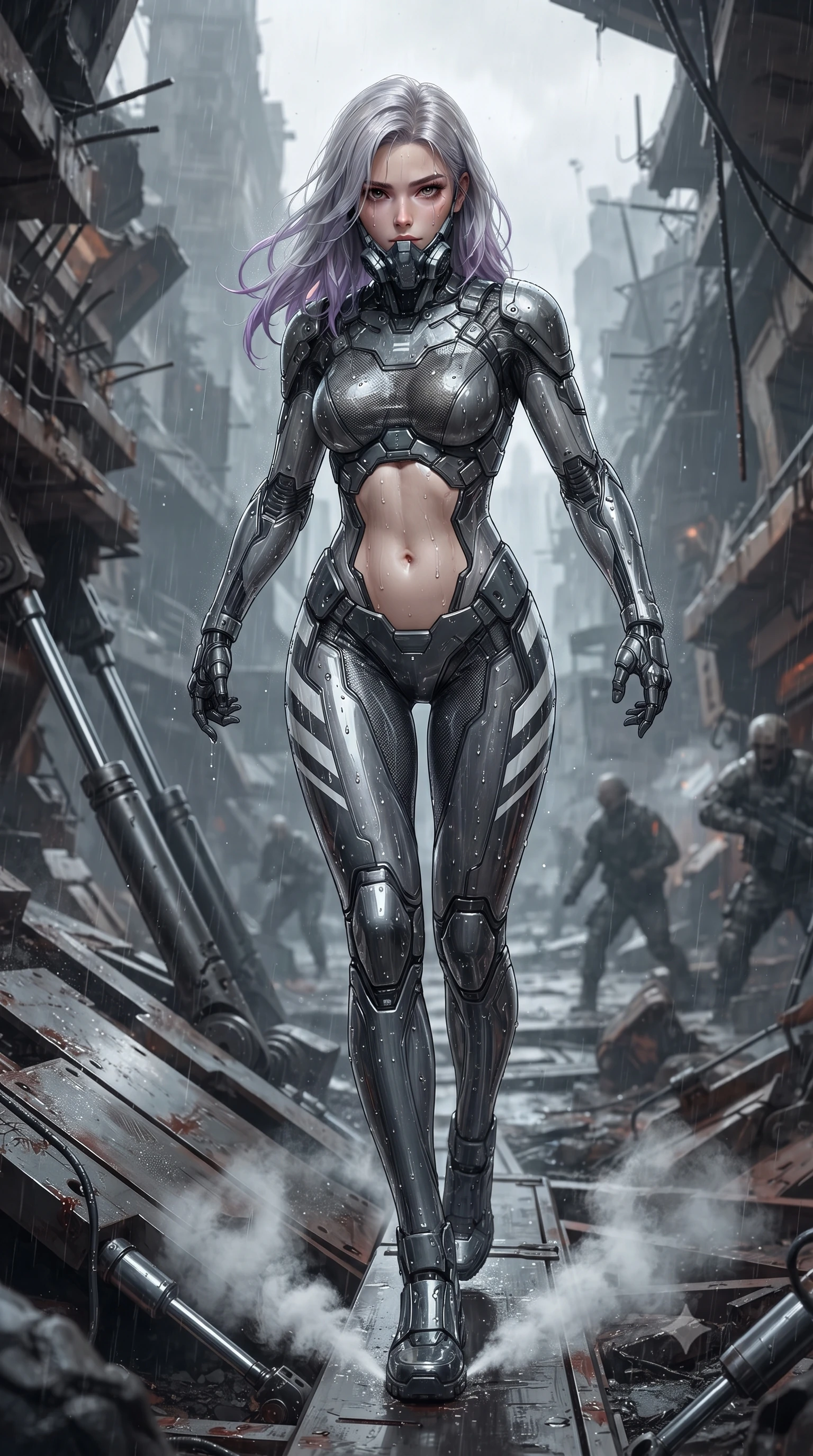 score_9, masterpiece, best quality, ultra-detailed, high-budget anime keyframe, editorial fashion photography, tasteful artistic composition, Caucasian woman. low angle full-body shot from head to toe showing her feet, filling the entire 9:16 vertical frame with her statuesque presence, stretching her vertical silhouette. striding forward with sovereign warrior elegance in a low, predatory combat advance through the ruins, hips swaying with fierce athletic poise while pivoting dynamically on the slanted metal plating as steam hisses from cooling hydraulics beneath her boots. The surrounding environment is rendered in vivid detail and crisp panoramic clarity. sharp hydraulic piston seams, rain droplet tracks on skin, and battle-scuffed armor details in high clarity. She has an absolutely perfect, statuesque 8.5-heads proportion, an exceptionally tall and slender model-like female figure with impossibly long slender legs, a toned flat midriff, and an ultra-slim waist. sharp v-shaped jawline, high-bridge nose, intricate jewel-like eyes with depth, thick eyelashes, glossy lips with a natural sheen, fierce and resolute heroine expression, flawlessly proportioned anatomical accuracy, strict slender model proportions, natural body alignment, perfectly sculpted long slender limbs, ultra-slim waistline, clean dynamic posture without body distortion. wearing a sleek titanium half-face combat rebreather guard protecting her lower jaw while leaving her expressive eyes and long hair flowing freely, paired with an ultra-sleek high-gloss carbon-composite exoskeleton suit featuring kinetic shock-absorbing shin guards and flexible limb articulation joints in storm-grey carbon mesh with high-contrast white hazard stripes, crafted from semi-translucent cybernetic carbon-vinyl interwoven with glowing micro-filaments, finished with high-mobility flexible armor articulation seams and miniature magnetic locks, the precision-cut daring openings accentuating her delicate midriff, graceful bare collarbones, and ultra-slim feminine waistline. surrounded by a triumphant, exhausted yet indomitable lone heroine sovereignty aura. ultra-reflective glossy finish, specular highlights, dark metallic sheen, high-contrast stereoscopic depth, volumetric dynamic lighting, 2k, ultra detail, master piece, 9:16 ratio
