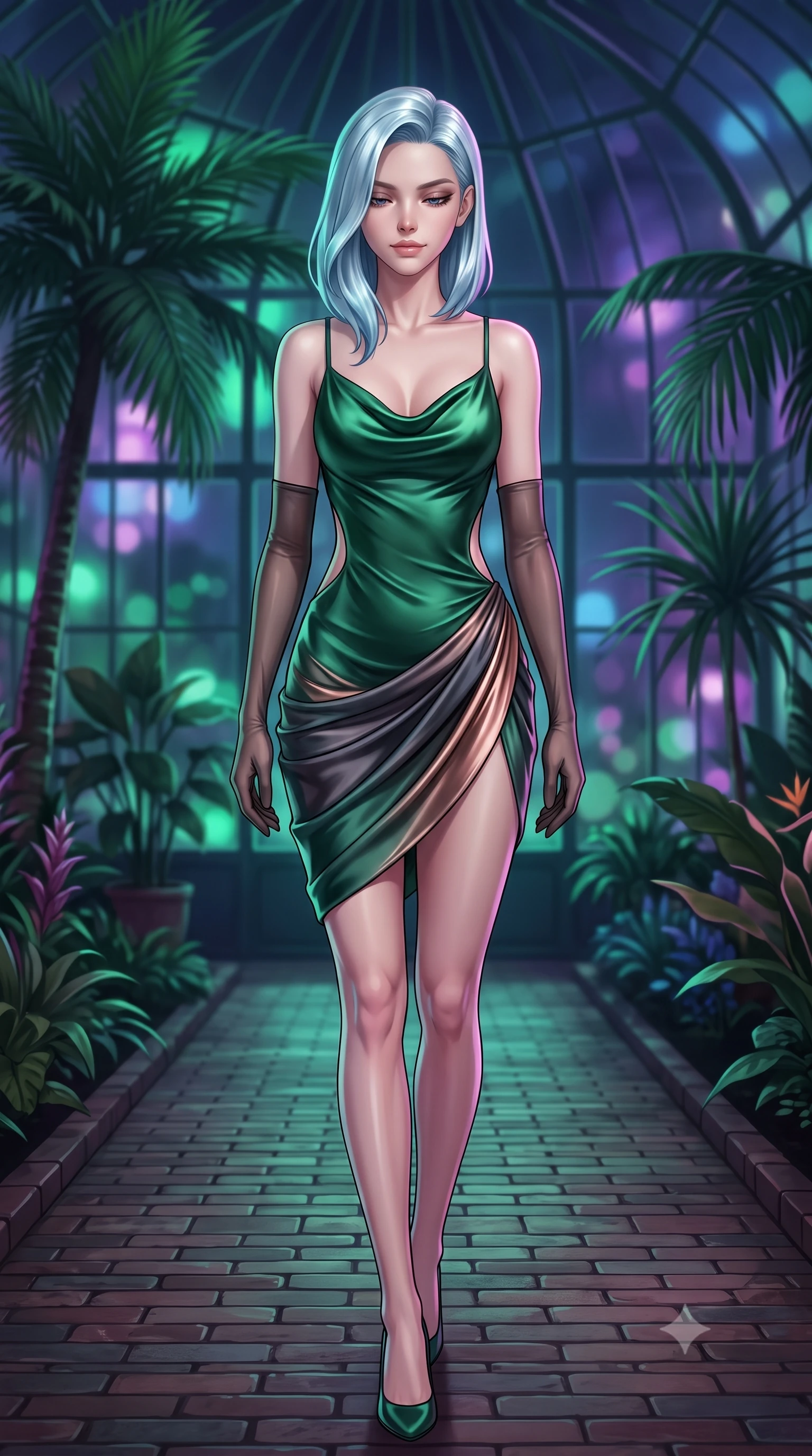 score_9, masterpiece, best quality, ultra-detailed, high-budget anime keyframe, semi-realistic 3D game render, editorial fashion photography, tasteful artistic composition, Korean woman. close-up cowboy shot from the waist and thighs up, the character dominates the composition, filling the frame with her large presence. glancing down over lowered lashes before meeting the camera with quiet, devastating intensity, her tailored outfit tracing her ultra-slim waist and hips while walking slowly down the glasshouse brick path with sovereign supermodel grace, her long slender legs and hourglass curves commanding the frame. The composition keeps background elements in soft focus with dreamy creamy bokeh. soaring Victorian glass conservatory ribs and towering tropical palms backlit by midnight neon blurred into deep jade, violet, and sapphire bokeh. She has an exceptionally elegant, slender, and willowy female figure with an ultra-slim waist, flat toned midriff, narrow ribcage, and sculpted feminine hips creating an alluring, slim hourglass silhouette without bulk. sharp v-shaped jawline, high-bridge nose, intricate jewel-like dark sparkling eyes with dangerous depth, thick curled eyelashes, glossy parted lips with a rich wine sheen, smoldering seductive half-smile with bedroom-eyes, exuding effortless superiority and intoxicating dark allure, flawlessly proportioned anatomical accuracy, strict slender model proportions, natural body alignment, perfectly sculpted long slender limbs, ultra-slim waistline, clean dynamic posture without body distortion. wearing a cowl-neck emerald green silk satin slip dress with criss-cross back straps and hip-accentuating drape in smoky charcoal slate and molten rose gold, crafted from heavy fluid silk satin with a liquid mirror-like drape, complemented by sheer dark opera gloves reaching past her elbows, the precision-cut side openings and low-back scoop framing her graceful spine and the sensual sweep of her slim, toned hips. bathed in moody ultraviolet and deep emerald ambient backlights filtering through soaring glass panes. highly saturated vibrant anime colors, detailed shading with soft gradients, rich glossy textures, high-contrast stereoscopic depth, volumetric dynamic lighting, master piece, 9:16 ratio