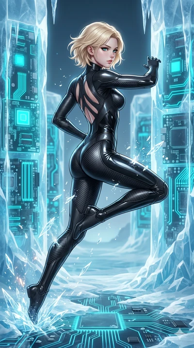 score_9, masterpiece, best quality, ultra-detailed, high-budget anime keyframe, Caucasian woman, strictly human ears. upper body close-up from the thighs up, character filling the screen for maximum presence. leaping inside a sub-zero cybernetic ice 