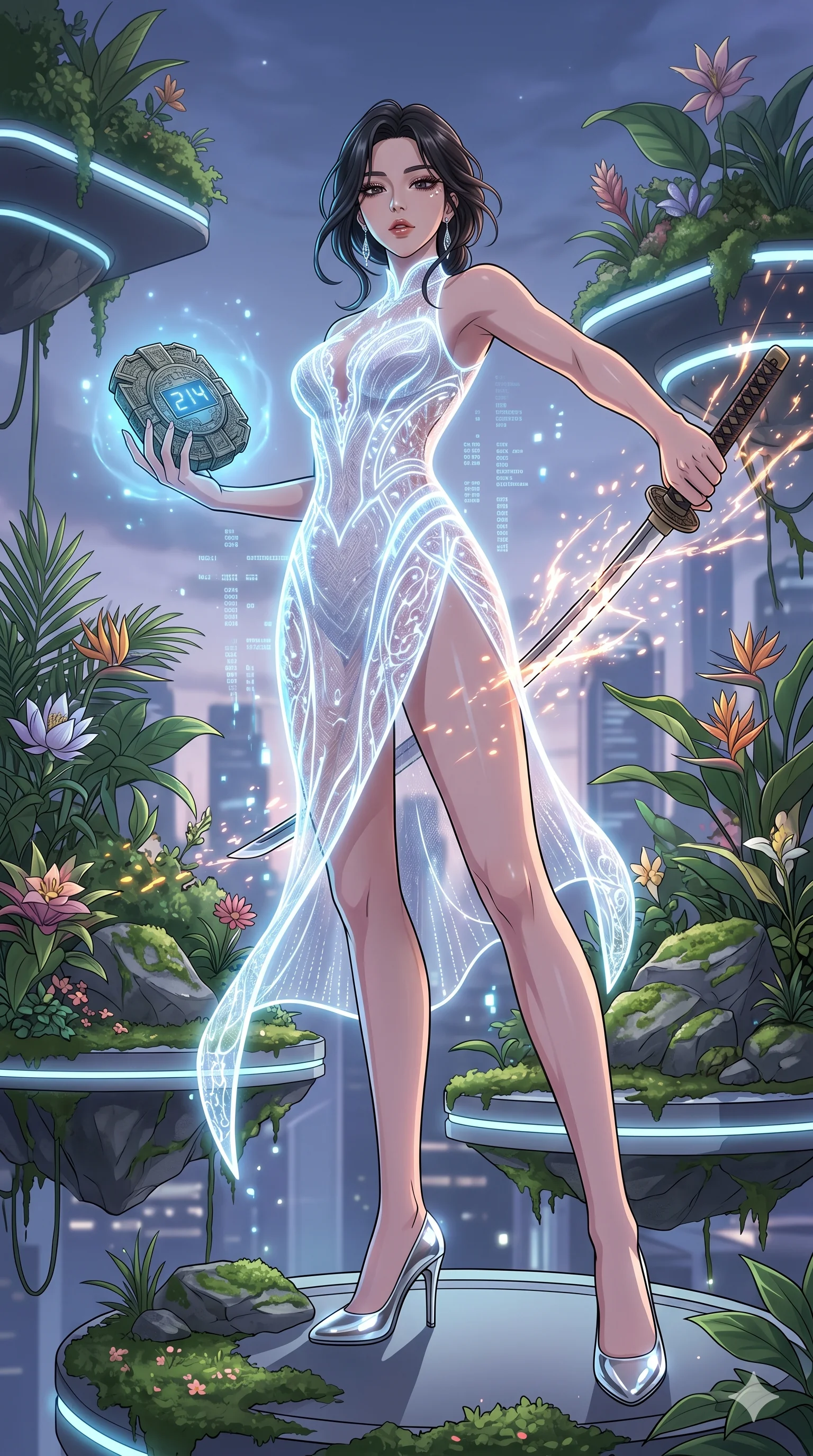 score_9, masterpiece, best quality, ultra-detailed, Set A: High-budget Anime Keyframe, Korean woman. Low angle cowboy shot filling the entire 9:16 frame with her statuesque presence. Drawing a blade through a floating botanical garden, holding a relic that pulses with the frequency 214 and surrounded by glowing energy sparks. She has an absolutely perfect 8-heads proportion, an exceptionally tall and slender female figure with impossibly long slender legs and an ultra-slim waist. Sharp v-shaped jawline, high-bridge nose, intricate jewel-like eyes with depth, thick eyelashes, glossy lips with a natural sheen. Wearing Glowing fiber-optic lace dress with a deep side slit and chrome heels. Cinematic lighting, vibrant colors, dramatic shadows, 2k, ultra detail, master piece, 9:16 ratio