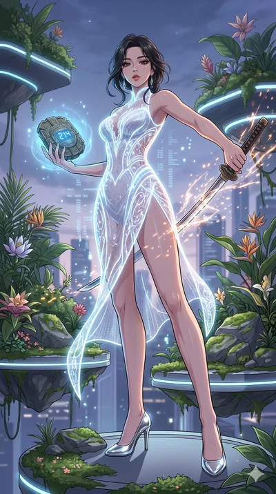 score_9, masterpiece, best quality, ultra-detailed, Set A: High-budget Anime Keyframe, Korean woman. Low angle cowboy shot filling the entire 9:16 frame with her statuesque presence. Drawing a blade through a floating botanical garden, holding a reli