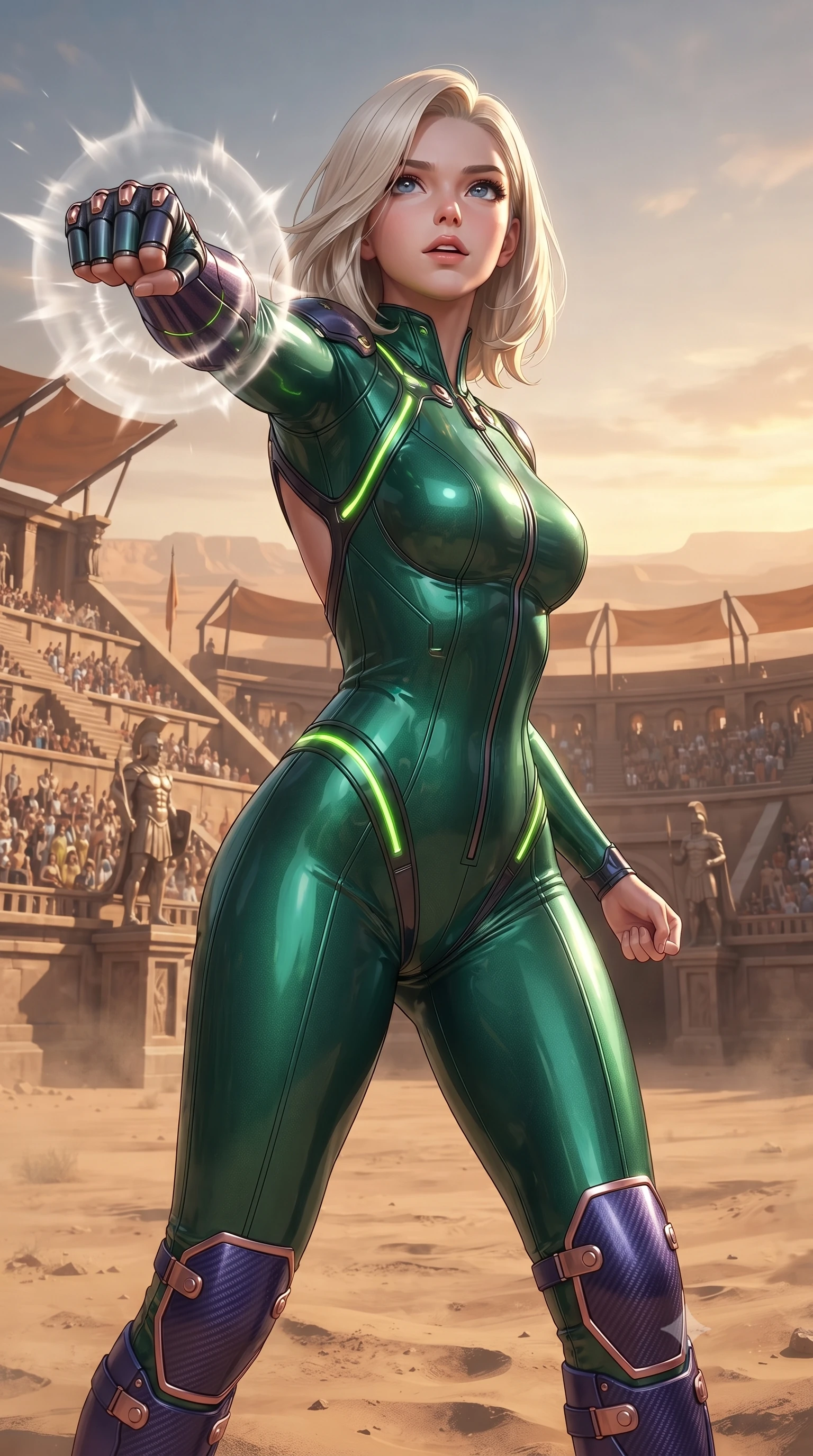 score_9, masterpiece, best quality, ultra-detailed, high-budget anime keyframe, editorial fashion photography, tasteful artistic composition, Caucasian woman. close-up cowboy shot from the waist and thighs up, the character dominates the composition, filling the frame with her large presence. thrusting a high-speed kinetic punch toward the camera, a visible conical shockwave distortion wrapping around her sleek carbon forearm while standing victorious in the center of the arena with arms at her sides, looking up into the grandstands with regal poise. The surrounding environment is rendered in vivid detail and crisp panoramic clarity. vibrant high-contrast desert arena lighting and heroic warrior aesthetics rendered in panoramic precision. She has an exceptionally elegant, slender, and willowy female figure with an ultra-slim waist, a gracefully sculpted slender torso, toned flat midriff, and a refined slim silhouette. sharp v-shaped jawline, high-bridge nose, intricate jewel-like eyes with depth, thick eyelashes, glossy lips with a natural sheen, flawlessly proportioned anatomical accuracy, strict slender model proportions, natural body alignment, perfectly sculpted long slender limbs, ultra-slim waistline, clean dynamic posture without body distortion. wearing a tailored emerald-green carbon-fiber tactical jumpsuit with glowing lime LED channels, open cowl back, and reinforced combat shin-guards in royal purple carbon fiber with rose-gold hardware and clasps, formed from high-gloss patent carbon-plating with specular chiaroscuro reflections, accented with glowing fiber-optic conduits tracing her collarbones and hip curves, the liquid-tight tailored fabric emphasizing every curve of her tall, slender model proportions and sculptured silhouette during dynamic movement. illuminated by crisp white key lighting with sharp specular highlights tracing her ultra-slim waist and long legs. ultra-reflective glossy finish, specular highlights, dark metallic sheen, high-contrast stereoscopic depth, volumetric dynamic lighting, 2k, ultra detail, master piece, 9:16 ratio